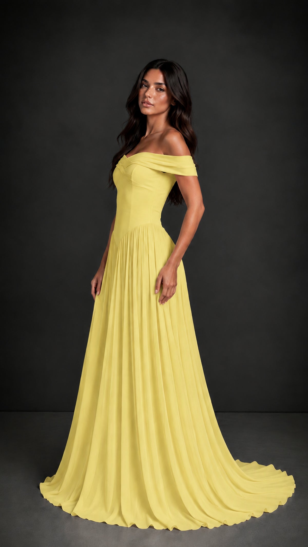 BOLODOO Yellow Off-Shoulder Sweetheart Corset Pleated Chiffon Maxi Dress - Yellow