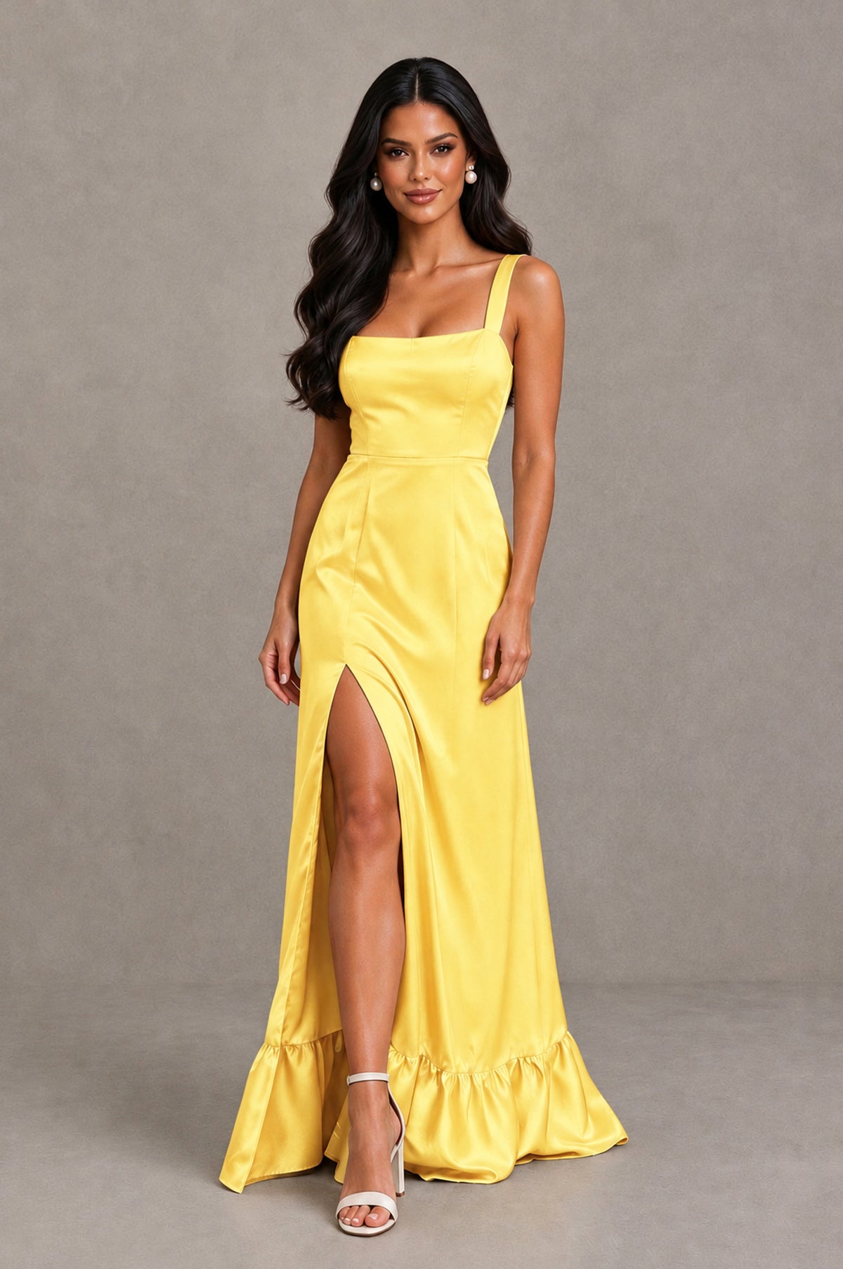 BOLODOO Yellow Square Neck Satin Evening Dress with Lace-Up Back and High Slit - Yellow - Yellow_4