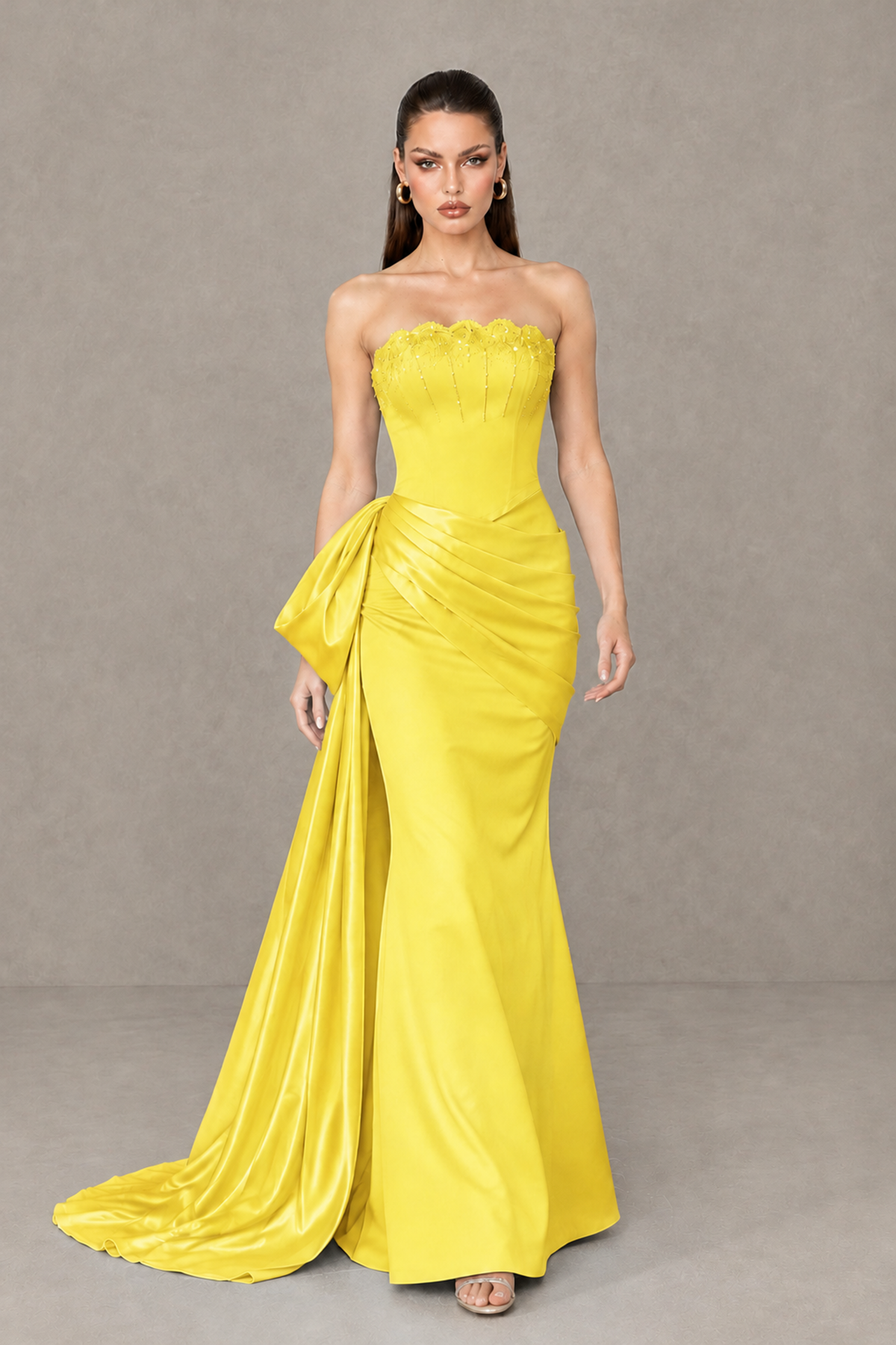 BOLODOO Yellow Strapless Satin Prom Dress with Draped Side Train - Yellow - Yellow_4
