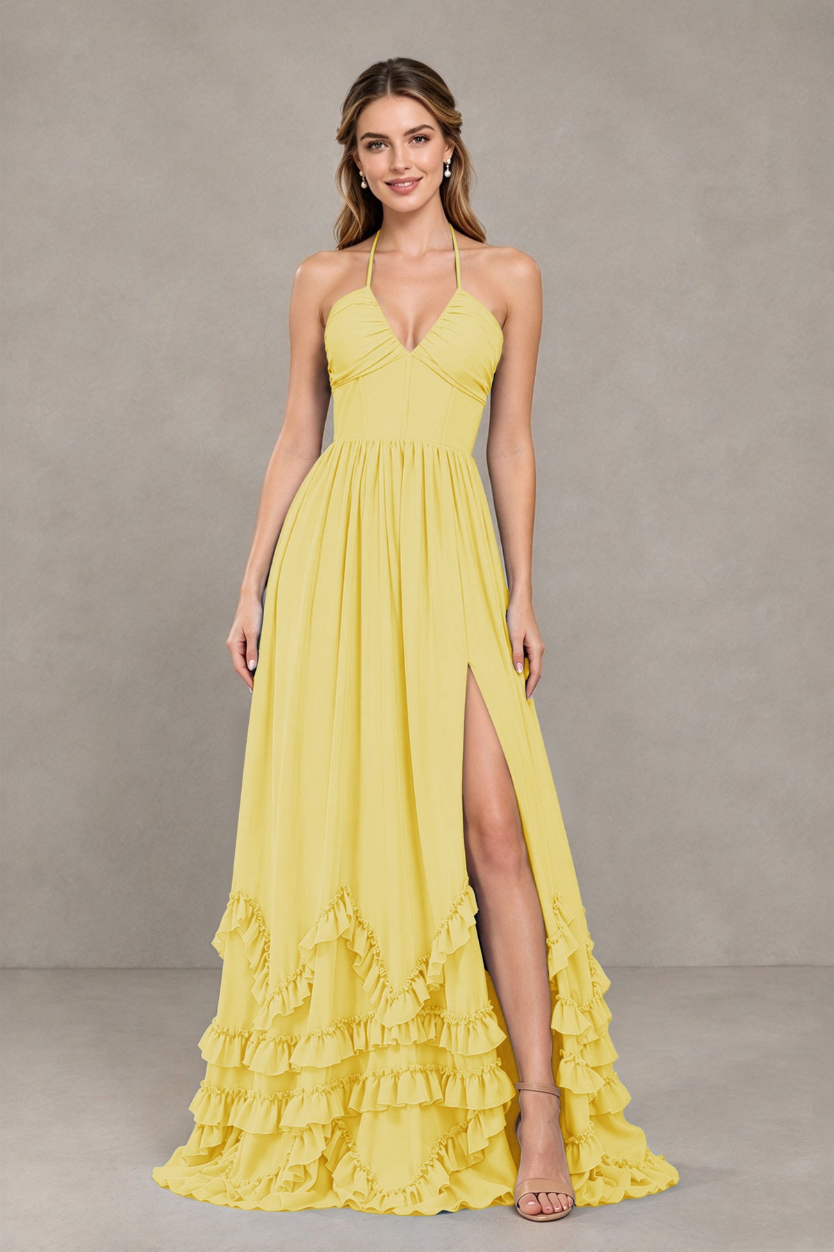 BOLODOO Yellow Halter Ruffle Hem A-Line Bridesmaid Dress with High Slit - Yellow - Yellow(4)