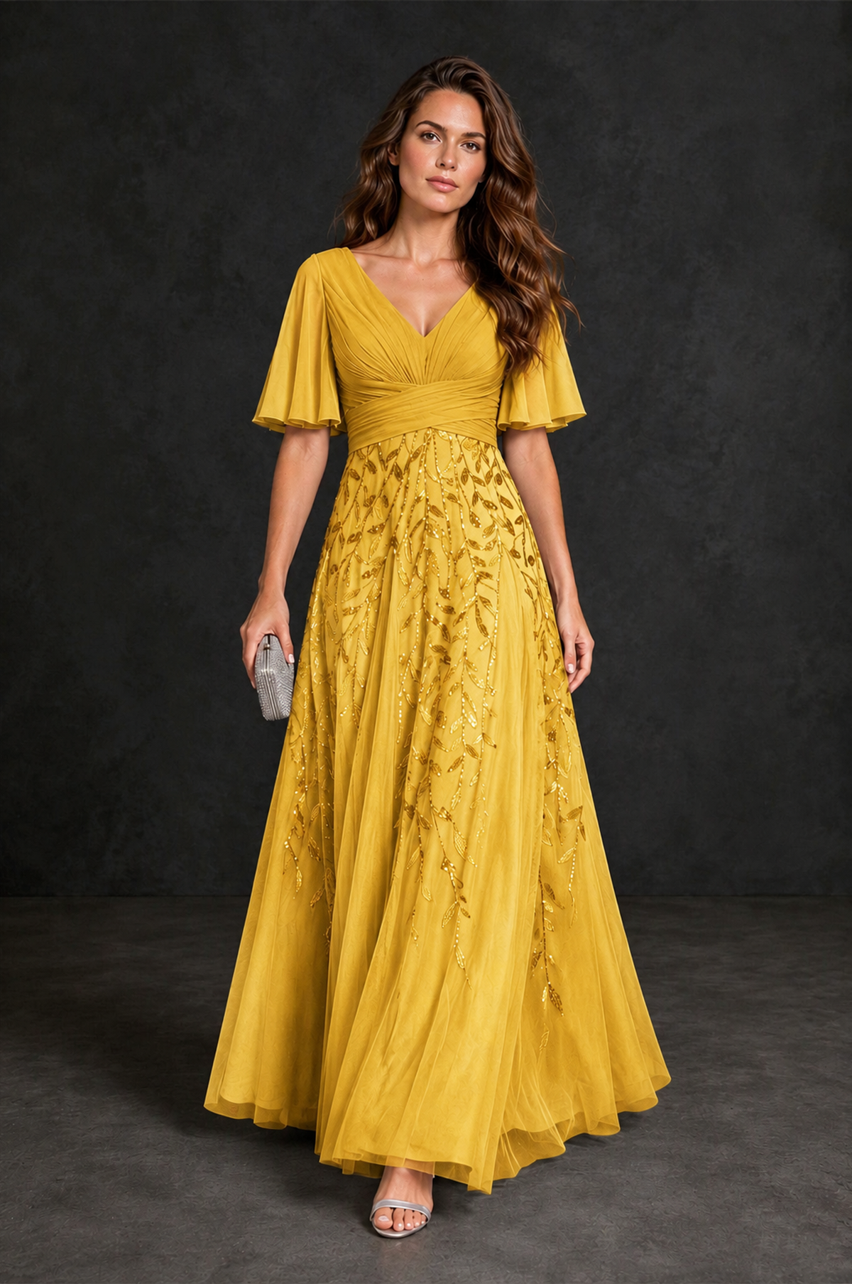 BOLODOO Yellow V-Neck Flutter Sleeve Beaded Botanical Tulle A-Line Gown | Mother of the Bride Evening Dress - Yellow - Yellow_4
