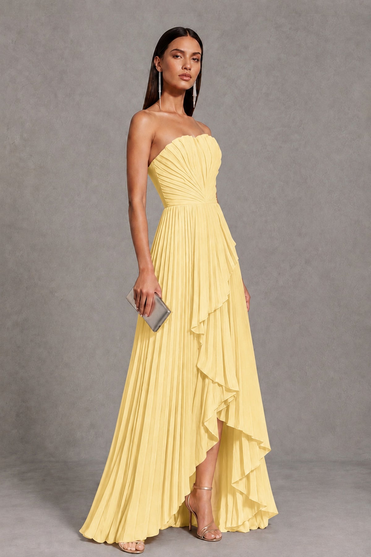 Yellow Strapless Pleated High-Low Evening Gown with Ruffle Hem - Yellow - Yellow_4