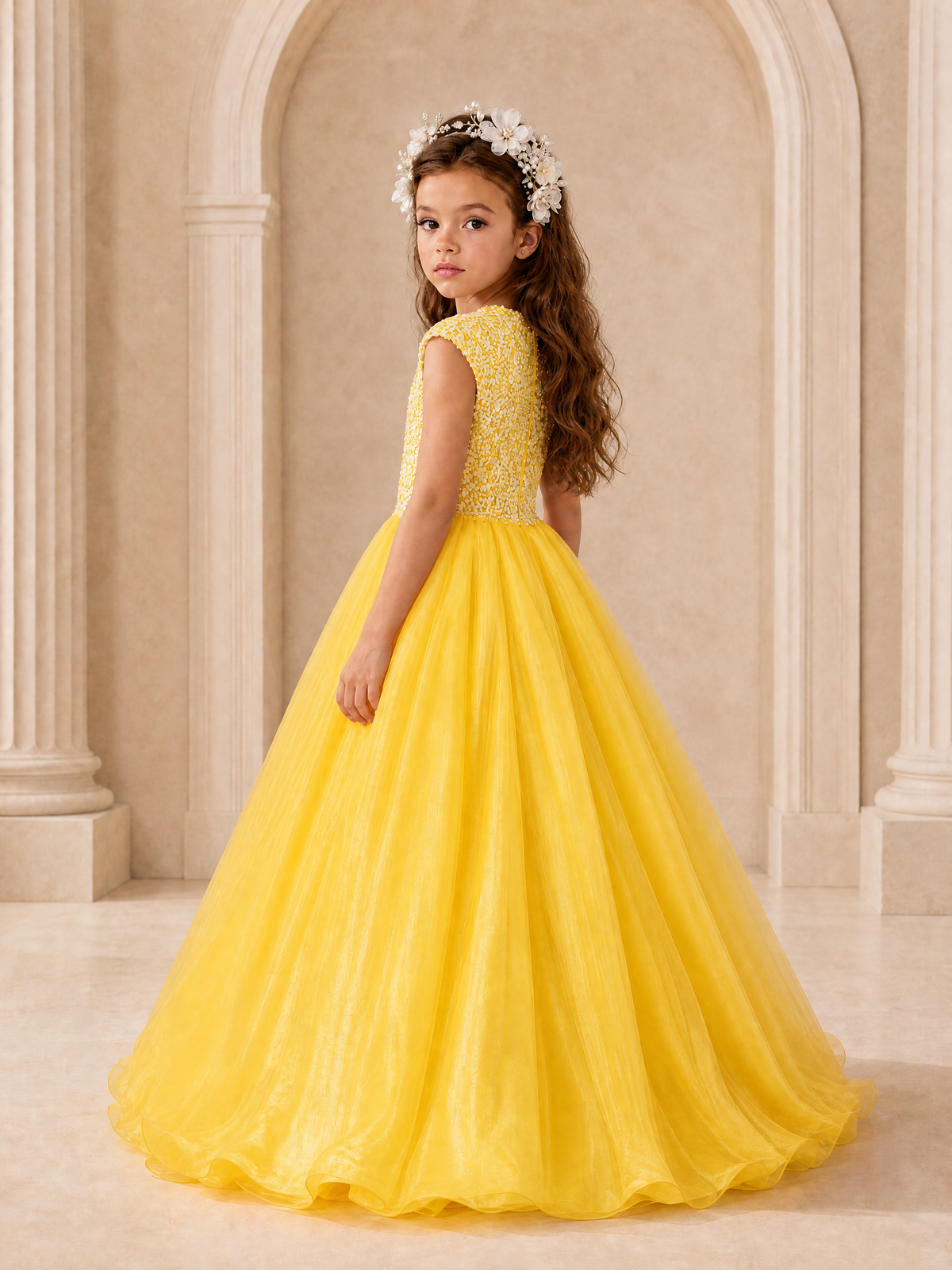 BOLODOO Yellow Sequin Tulle Flower Girl Dress with Cap Sleeves - Yellow - Yellow_4