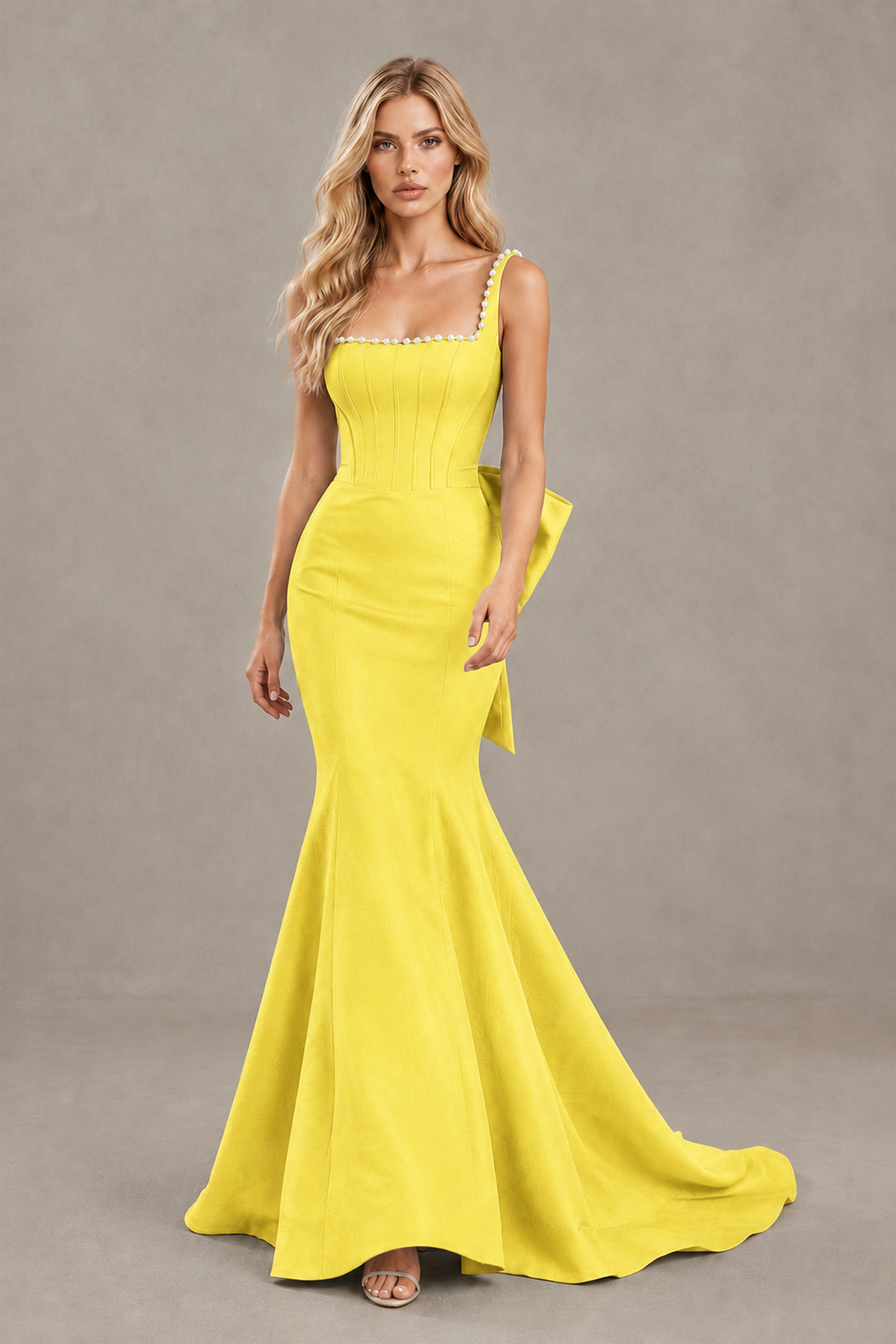 BOLODOO Yellow Pearl-Trim Mermaid Prom Dress with Back Bow - Yellow - Yellow_4