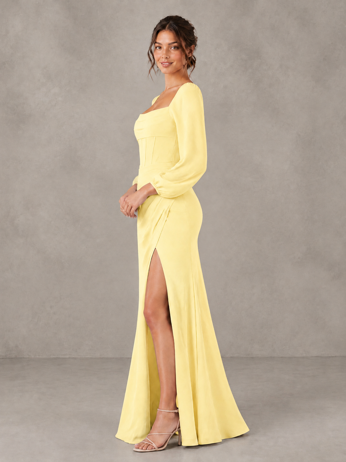 BOLODOO Yellow Square Neck Long Sleeve Bridesmaid Dress with High Slit - Yellow - Yellow_4