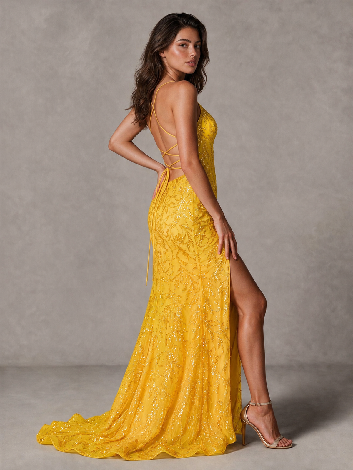 BOLODOO Yellow Sequin Prom Dress with Lace-Up Back and High Slit - Yellow - Yellow_4