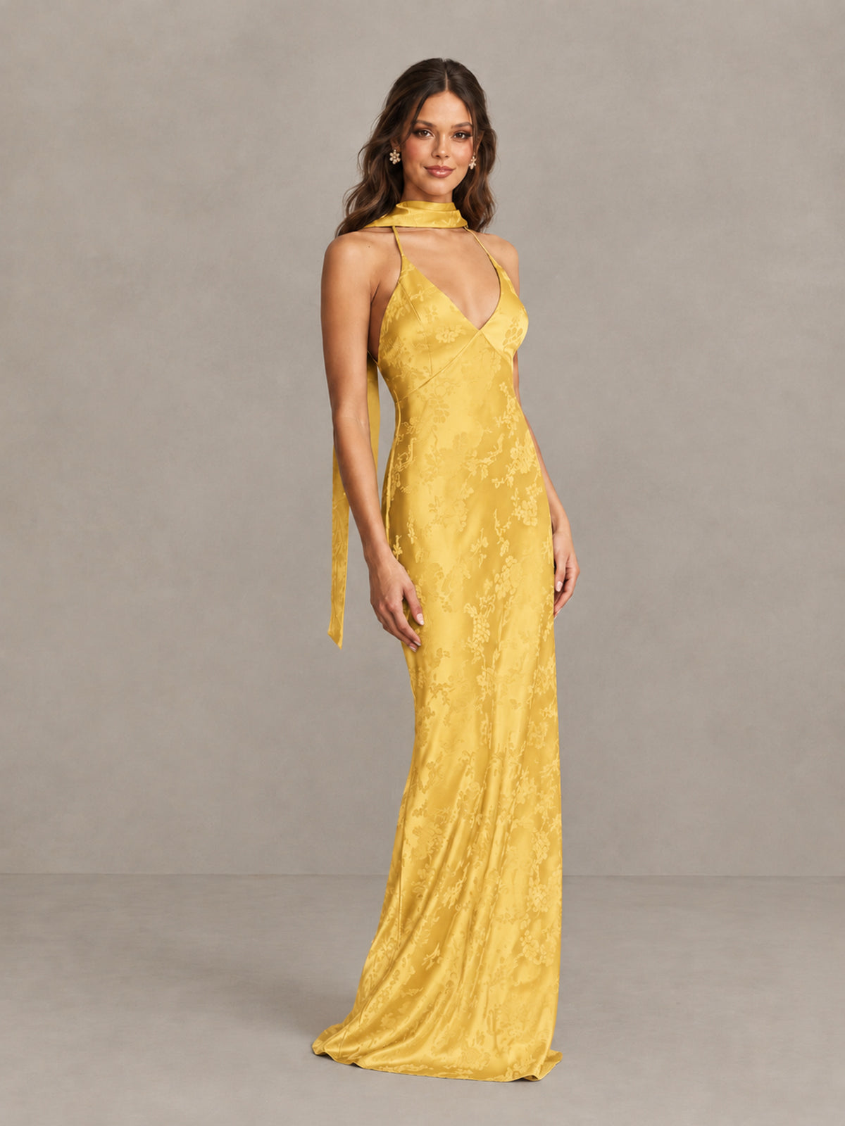 BOLODOO Yellow Floral Satin Open-Back Bridesmaid Dress - Yellow - Yellow_4