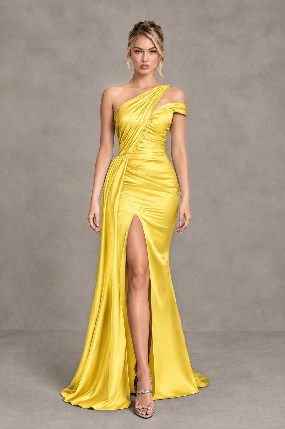 BOLODOO Yellow Asymmetric Ruched Formal Evening Dress - Yellow - Yellow_4