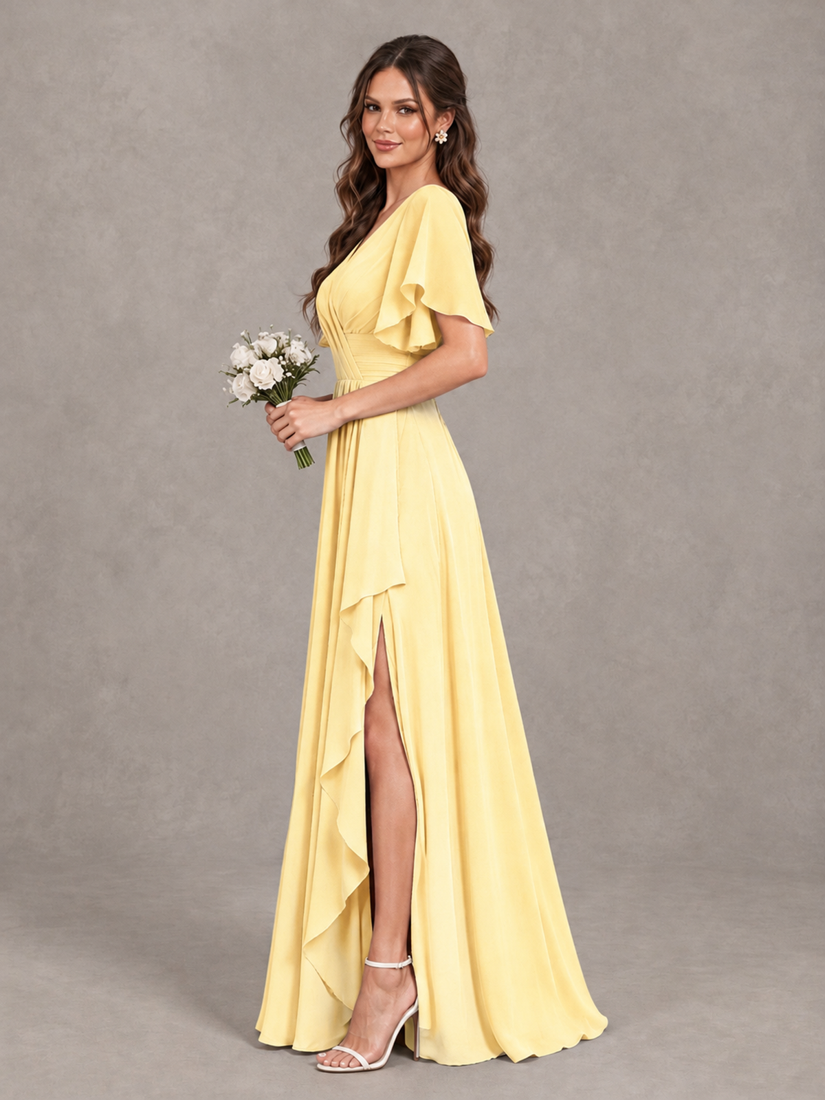 BOLODOO Yellow Flutter Sleeve V-Neck Bridesmaid Dress with Ruffle Slit - Yellow - Yellow_4