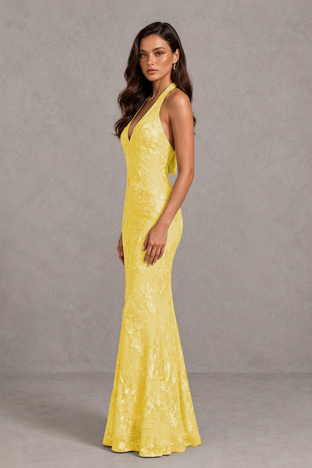 BOLODOO Yellow Floral Jacquard Halter Maxi Dress - Yellow - Yellow(4)