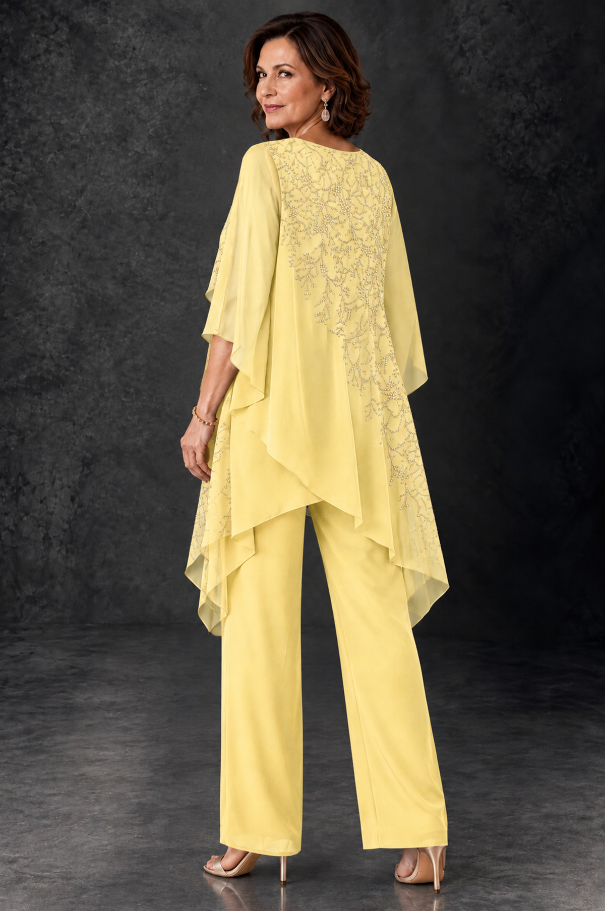 BOLODOO Yellow Embellished Cape Pant Suit for Mother of the Bride - Yellow - Yellow_4