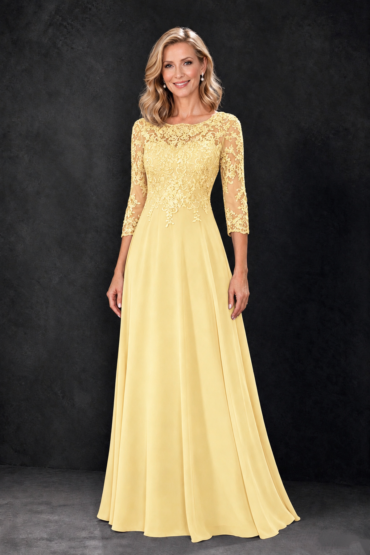 BOLODOO Yellow Lace Embroidered Mother of the Bride Dress with 3/4 Sleeves - Yellow - Yellow_4