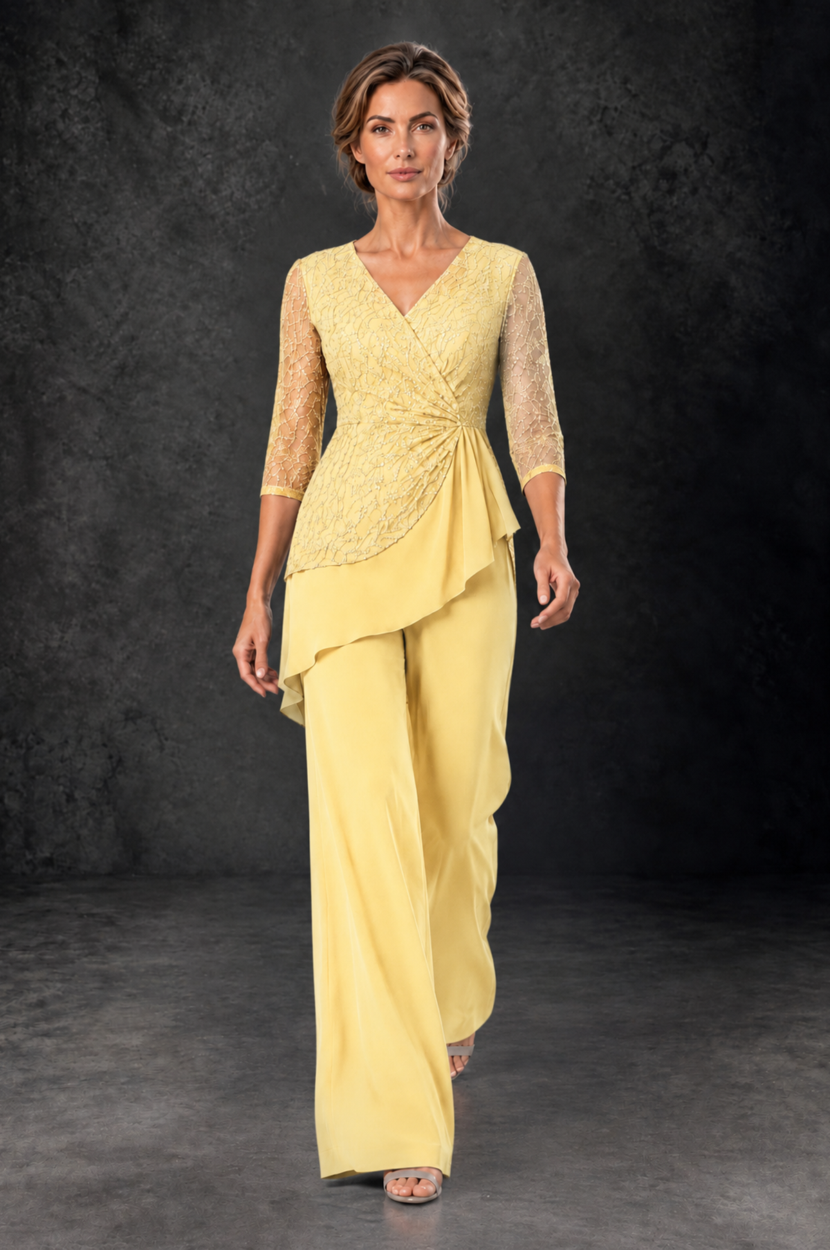 BOLODOO Yellow Sequin Lace 3/4 Sleeve Chiffon Mother of the Bride Pant Suit - Yellow - Yellow_4