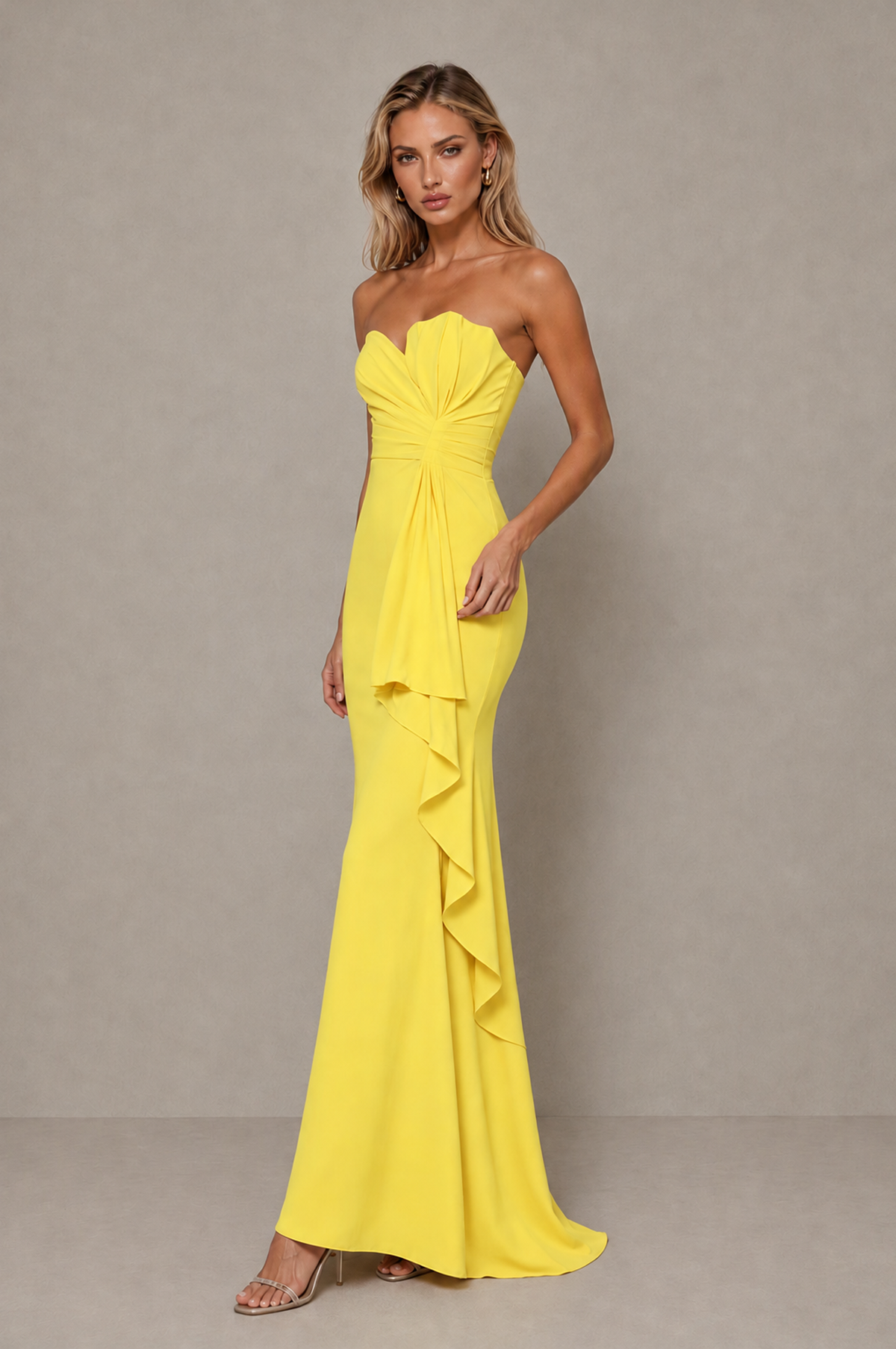 BOLODOO Yellow Strapless Sweetheart Ruched Mermaid Gown | Cascade Drape Formal Evening Dress - Yellow - Yellow_4