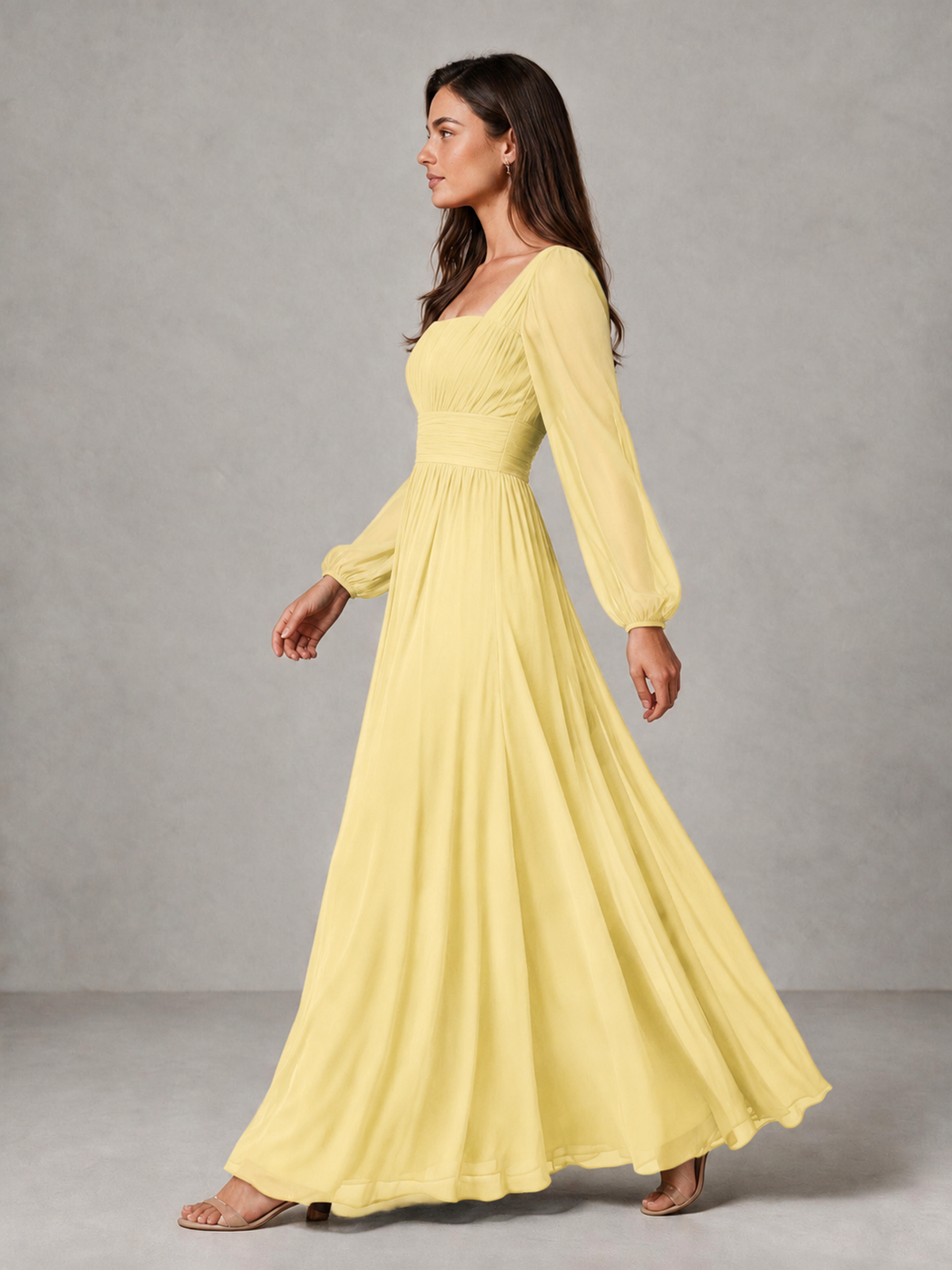 BOLODOO Yellow Square Neck Long Sleeve Chiffon Bridesmaid Dress - Yellow - Yellow_4