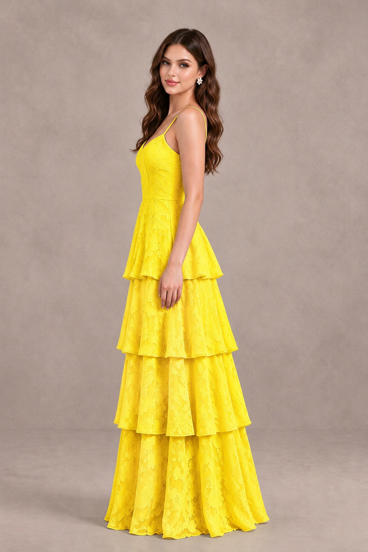 BOLODOO Yellow Tiered Floral-Textured Spaghetti Strap Maxi Dress - Yellow - Yellow_4