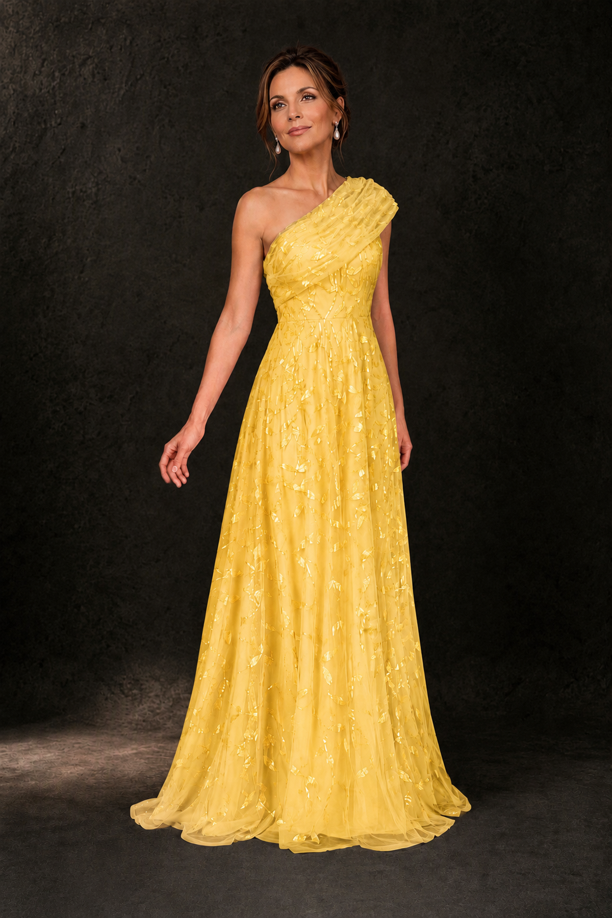 BOLODOO Yellow Leaf Sequin One-Shoulder A-Line Maxi Gown – Mother of the Bride & Formal Evening Dress - Yellow - Yellow_4