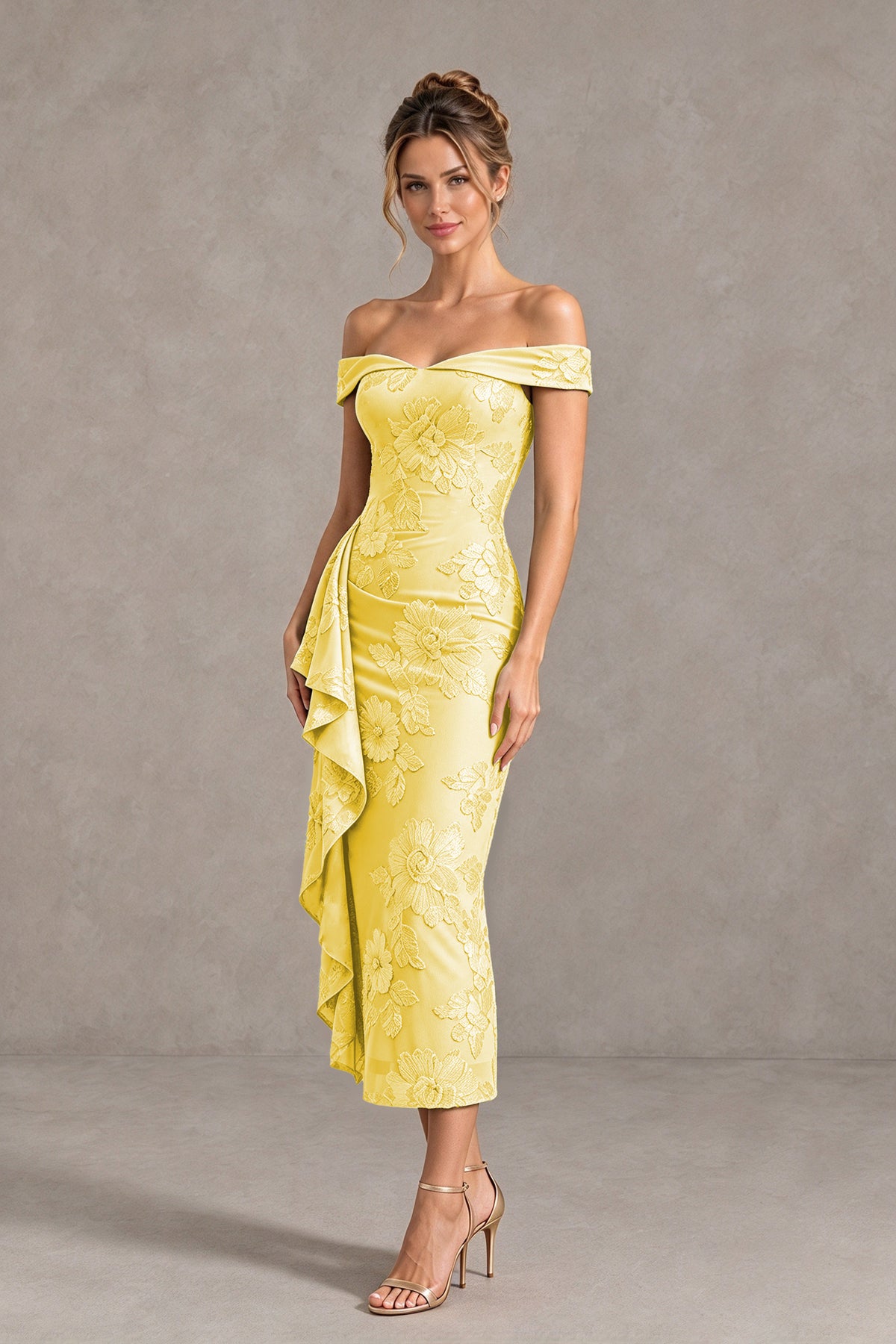 BOLODOO Yellow Off Shoulder Floral Jacquard Midi Dress - Yellow - Yellow(4)