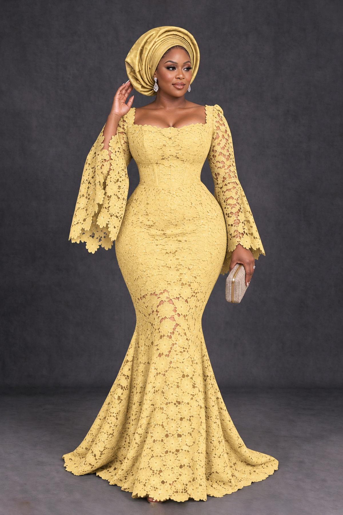 BOLODOO Yellow African Lace Mermaid Dress, Plus Size Nigerian Wedding Guest Gown with Bell Sleeves - Yellow - Yellow_4