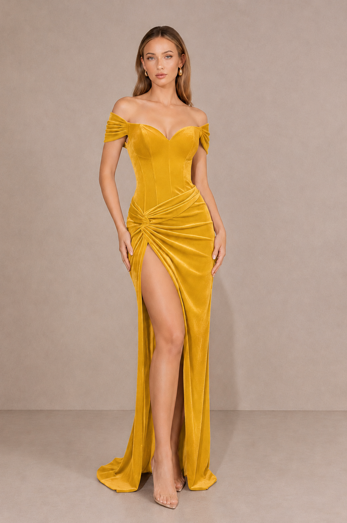 BOLODOO Yellow Velvet Off-Shoulder Ruched High Slit Evening Dress - Yellow - Yellow_4