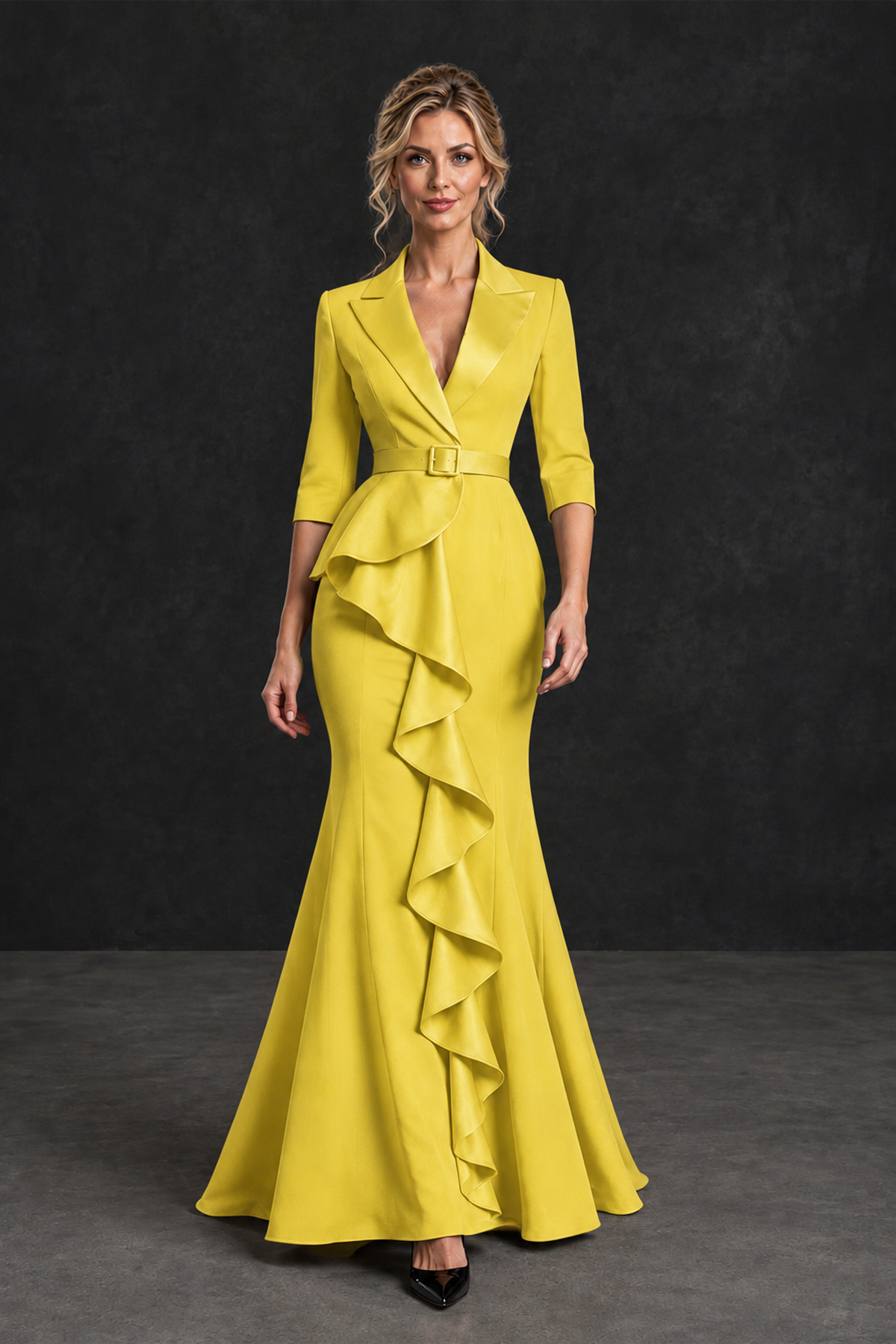 BOLODOO Yellow Lapel Ruffle Mother of the Bride Dress with Belt - Yellow - Yellow_4