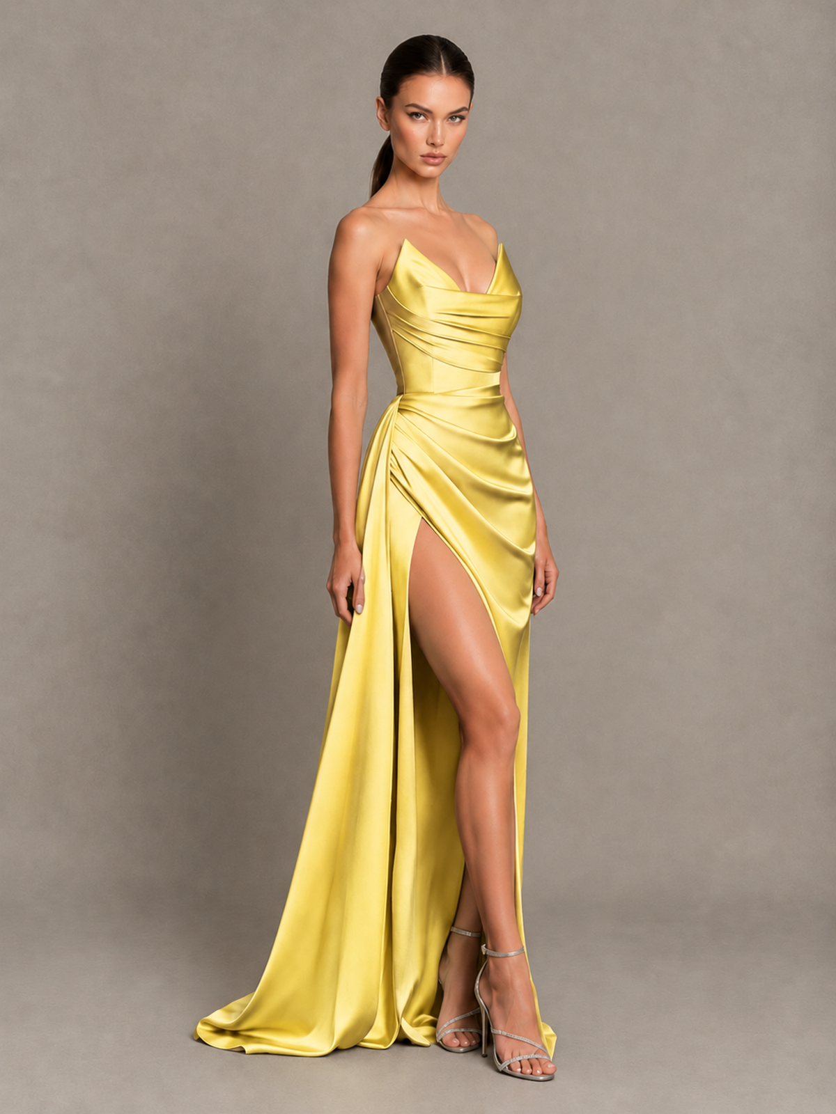 BOLODOO Yellow Strapless Satin High-Slit Lace-Up Prom Dress - Yellow - Yellow_4