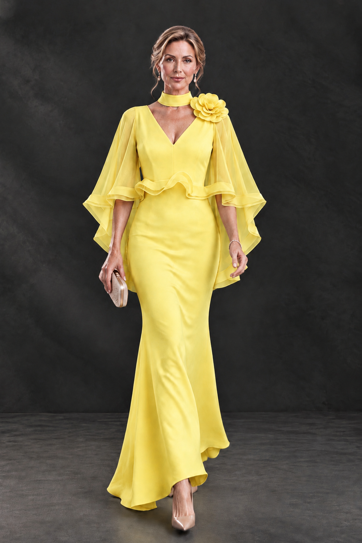 BOLODOO Yellow Floral Cape Sleeve Mother of the Bride Dress - Yellow - Yellow_4