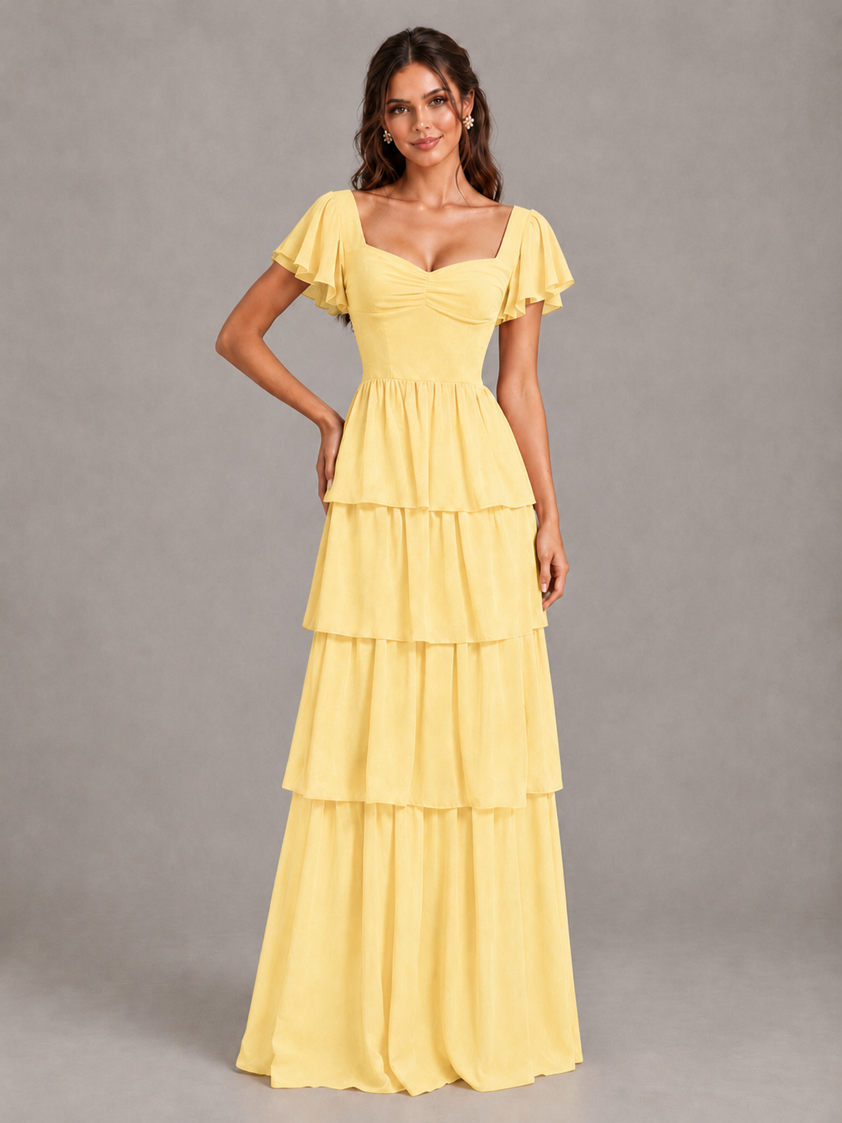 BOLODOO Yellow Flutter Sleeve Tiered Maxi Bridesmaid Dress - Yellow - Yellow_4