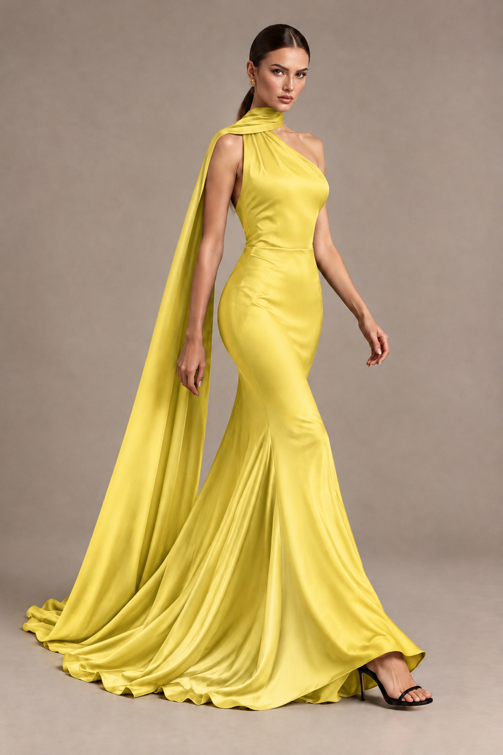 BOLODOO Yellow One-Shoulder Satin Mermaid Evening Dress with Scarf - Yellow - Yellow_4