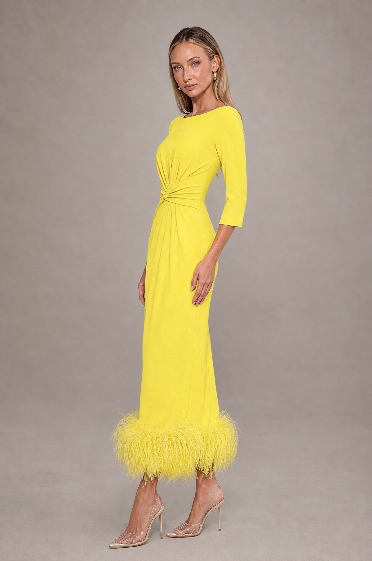 BOLODOO Yellow Feather-Trim Twist-Waist Midi Dress - Yellow - Yellow_4