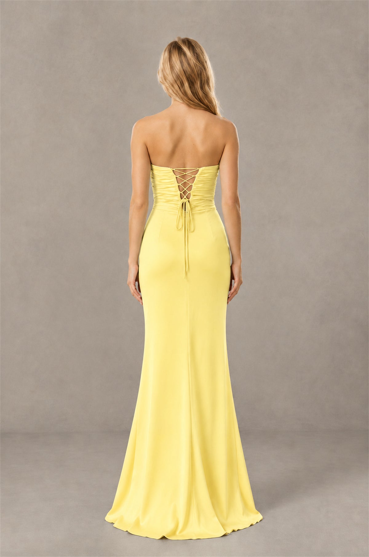 BOLODOO Yellow Sweetheart Strapless Twist Knot Cutout Lace-Up Back Satin Mermaid Maxi Dress - Yellow - Yellow(4)