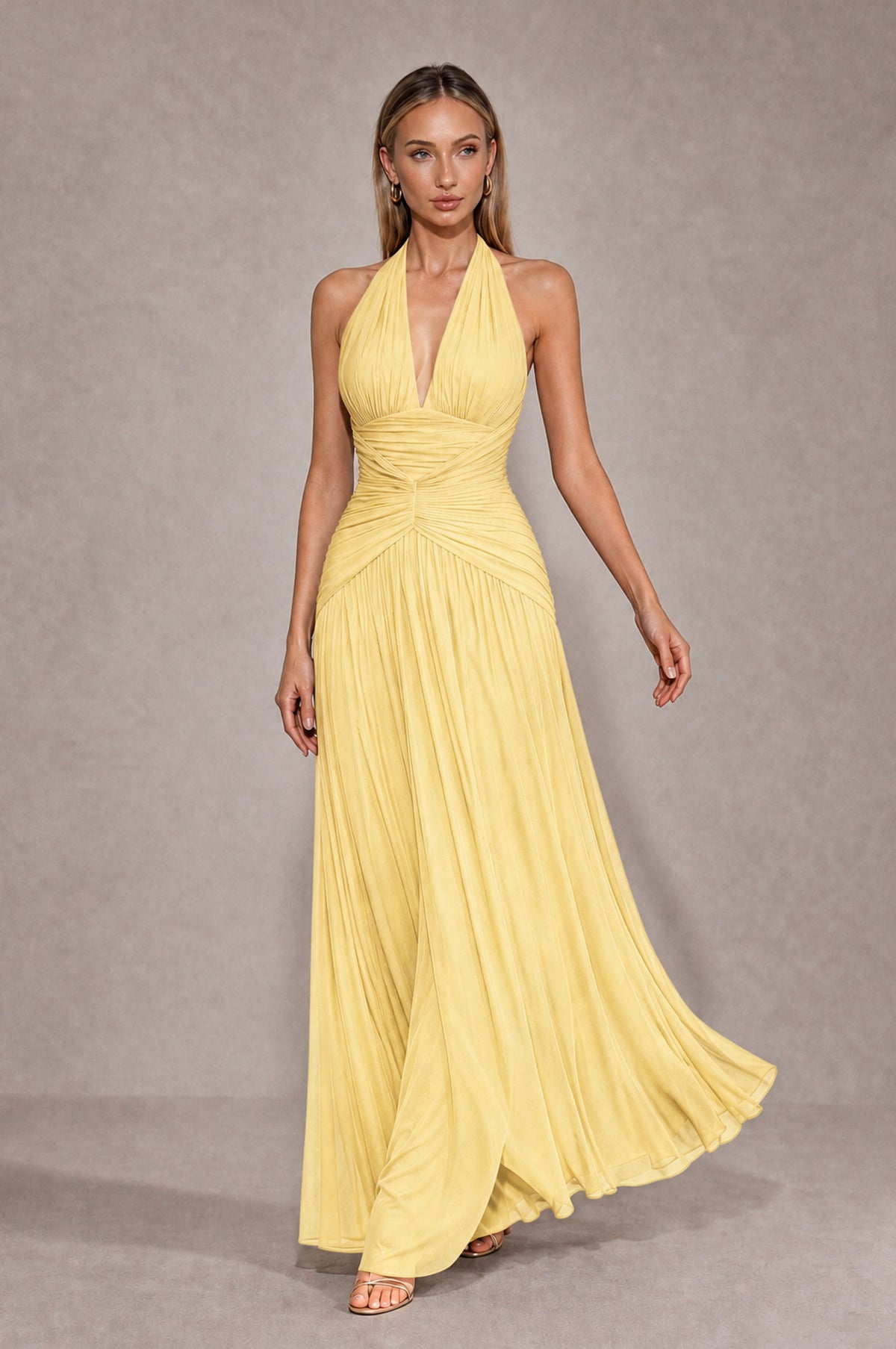 BOLODOO Yellow Chiffon Halter Deep V-Neck Ruched A-Line Backless Maxi Dress with Train-BD0167 - Yellow - Yellow_4