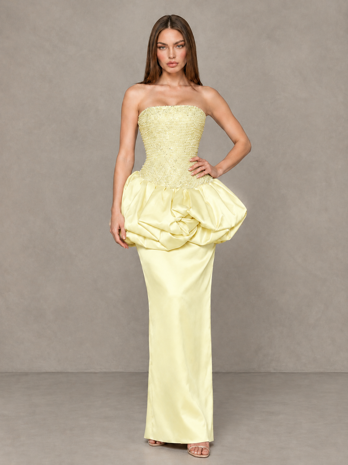 BOLODOO Yellow Strapless Embellished Bubble Peplum Evening Dress - Yellow - Yellow_4