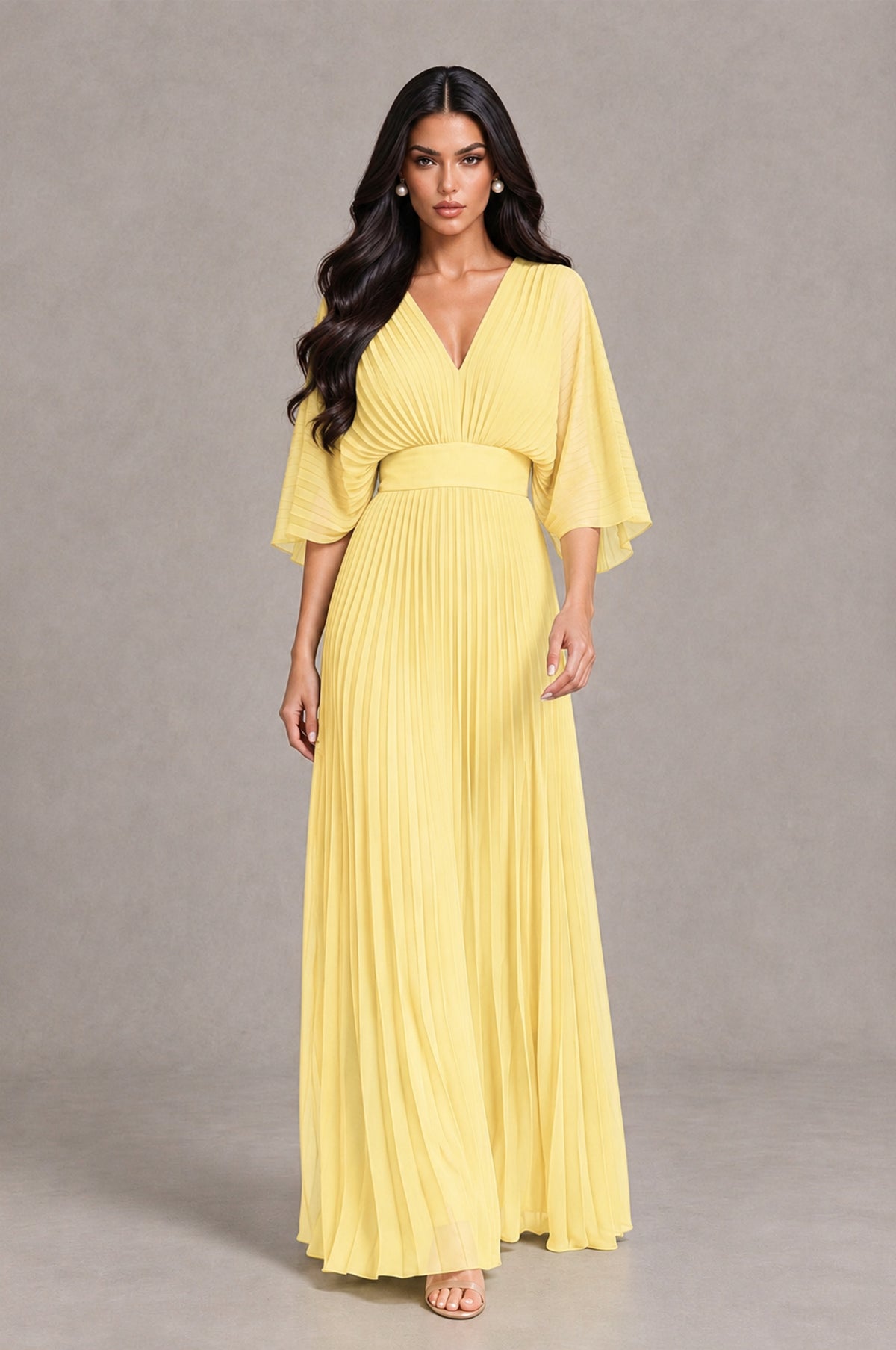 BOLODOO Yellow V-Neck Pleated Flutter Sleeve Formal Dress - Yellow - Yellow_4