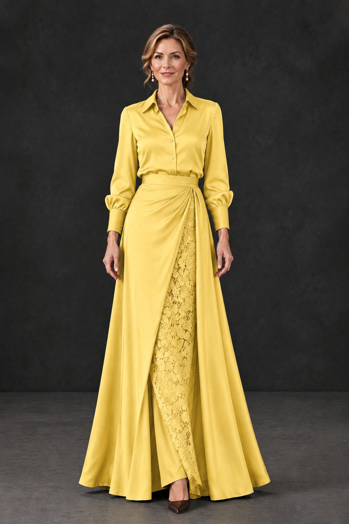 BOLODOO Yellow Long Sleeve Satin-Look Lace Panel Gown - Yellow - Yellow_4