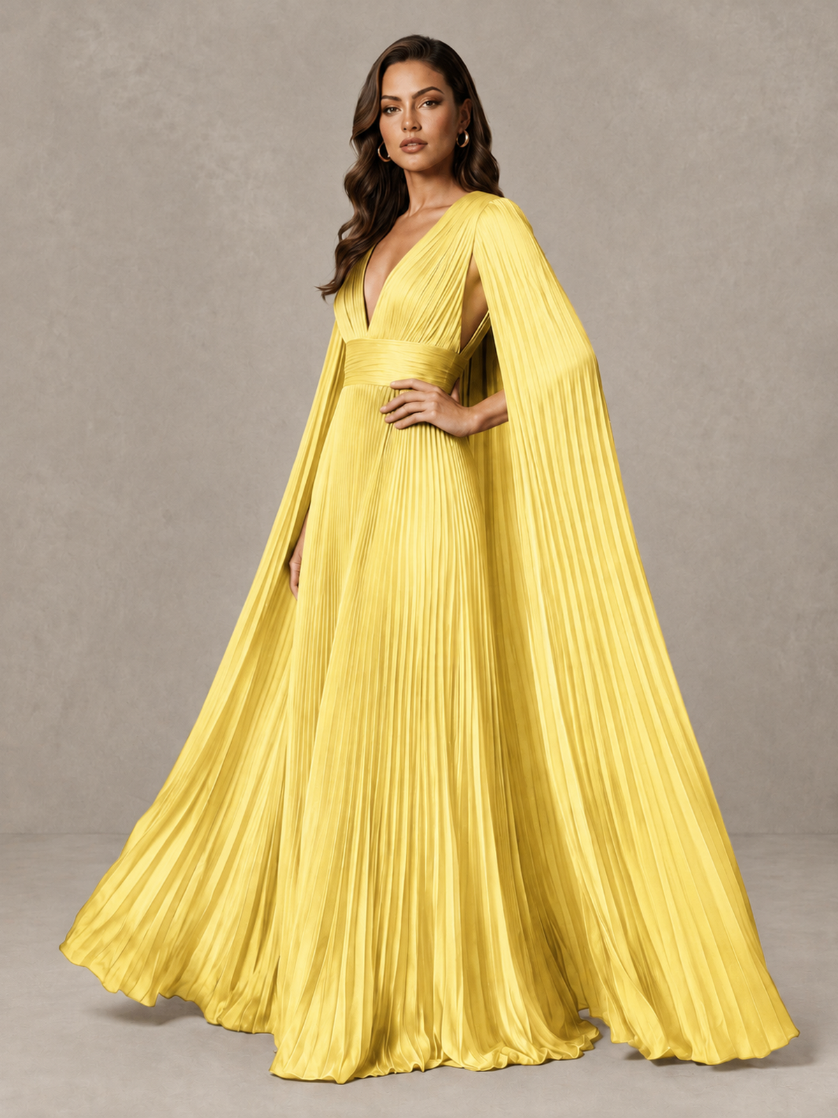BOLODOO Yellow Deep V-Neck Pleated Cape Sleeve Evening Gown - Yellow - Yellow_4