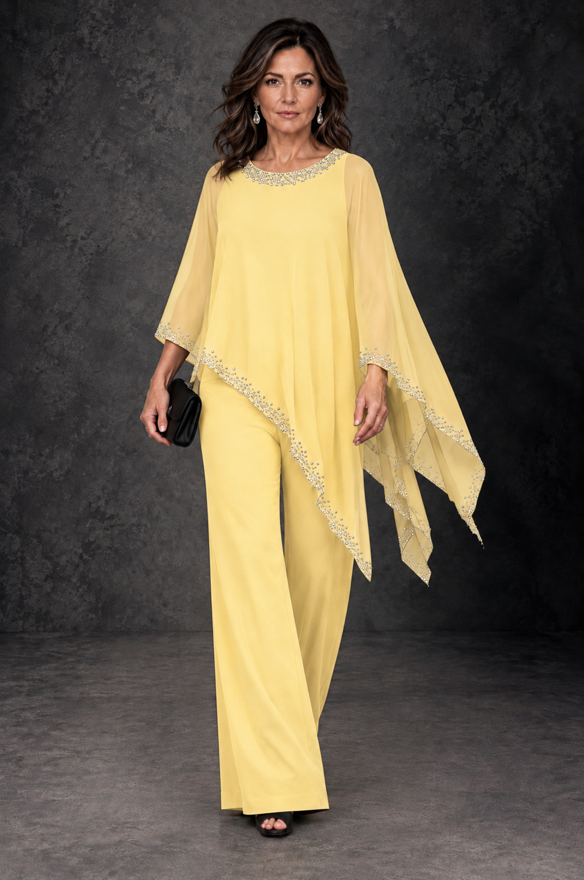 BOLODOO Yellow Embellished Cape Mother of the Bride Pantsuit - Yellow - Yellow_4