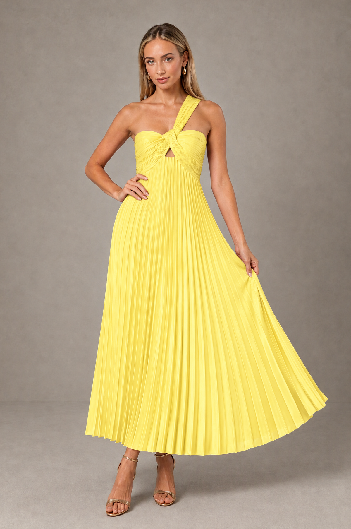 BOLODOO Yellow One-Shoulder Twist Knot Pleated Satin Midi Dress with Cutout - Yellow - Yellow_4