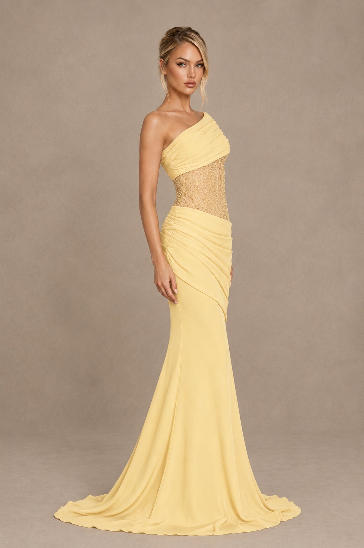 BOLODOO Yellow One-Shoulder Sequin Embroidered Ruched Mermaid Gown with Train - Yellow - Yellow_4