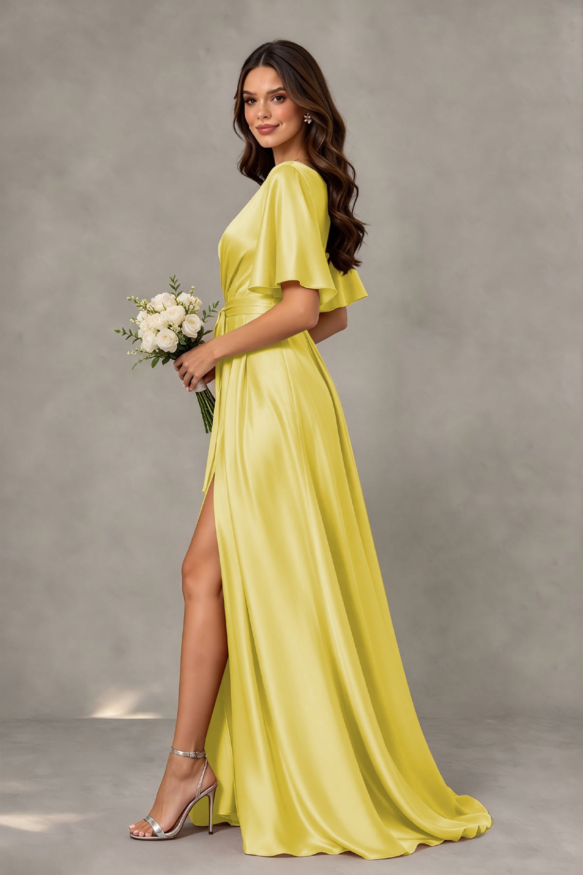 BOLODOO Yellow Satin V-Neck Flutter Sleeve Bridesmaid Dress with Slit - Yellow - Yellow(4)