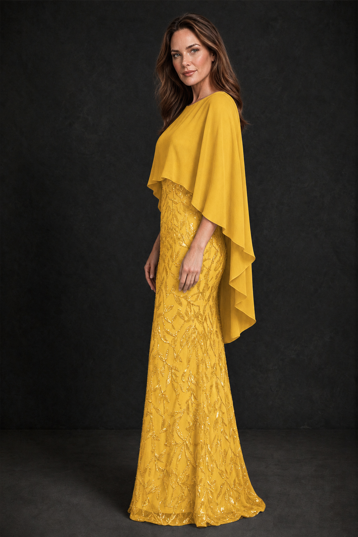 BOLODOO Yellow Round Neck Chiffon Cape Overlay Sequin Lace Mermaid Maxi Dress - Yellow - Yellow_4
