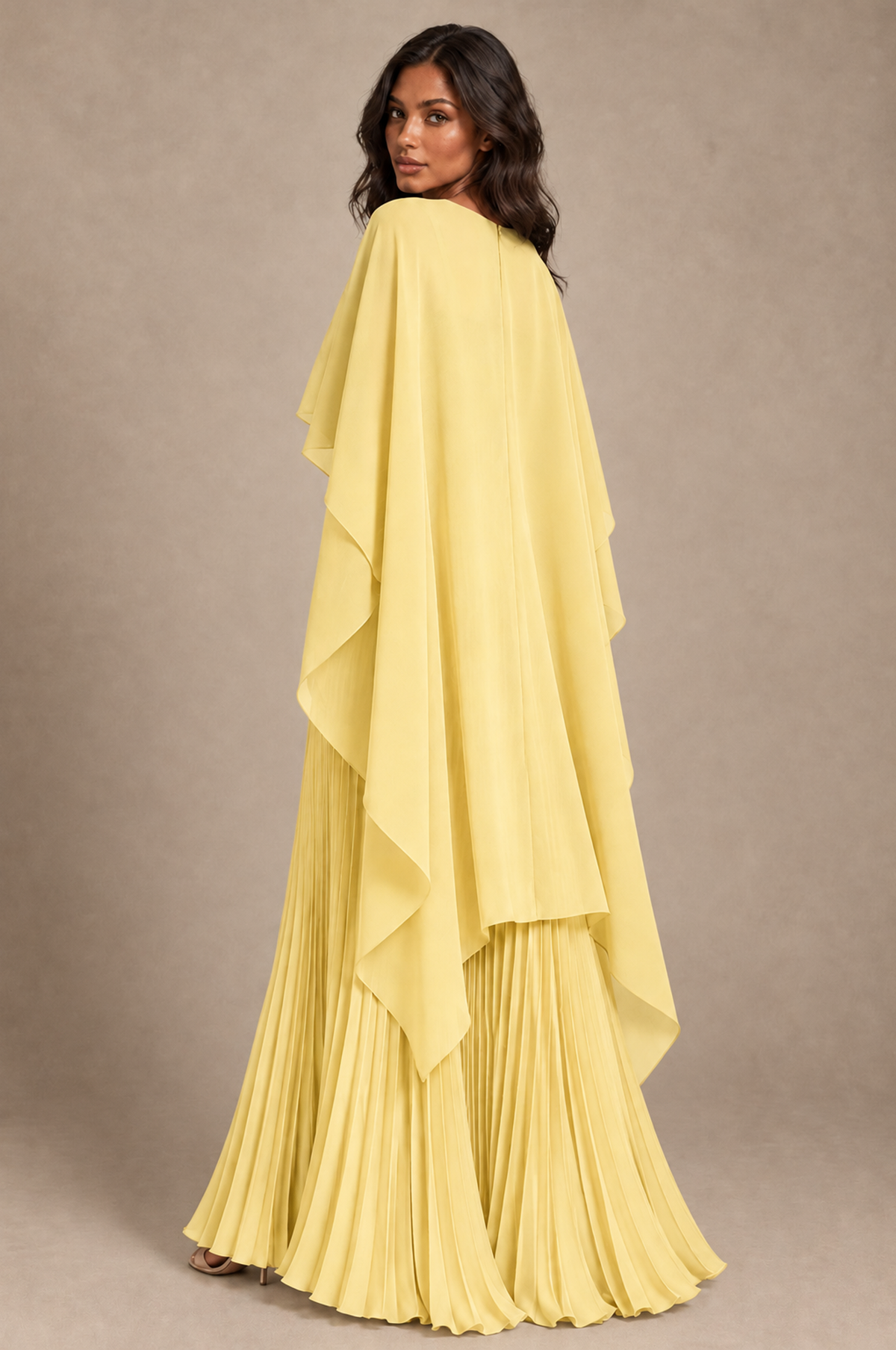 BOLODOO Yellow Pleated Cape A-Line Evening Dress - Yellow - Yellow_4