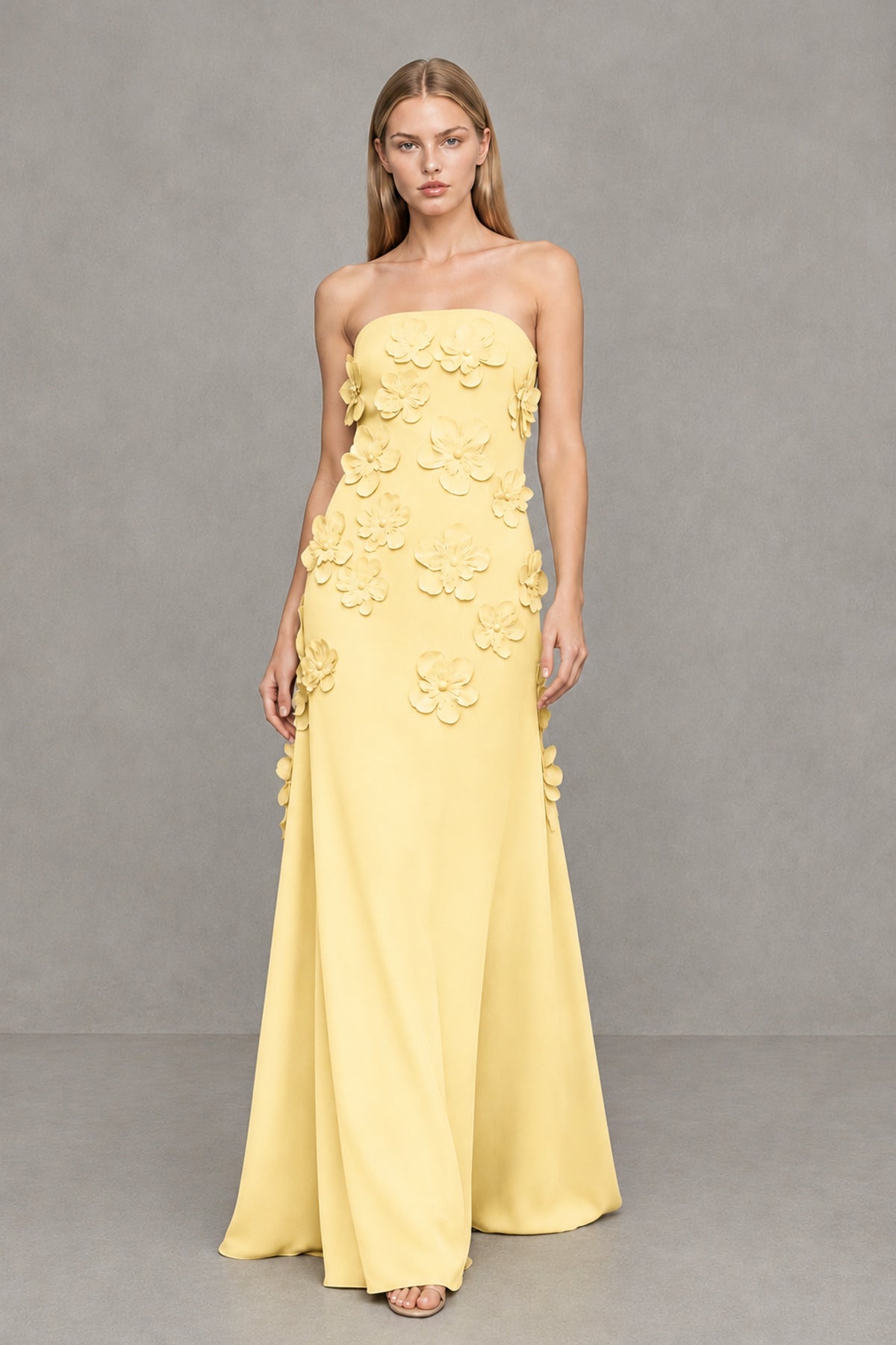 BOLODOO Yellow Strapless 3D Floral Appliqué Crepe Maxi Gown - Yellow - Yellow_4