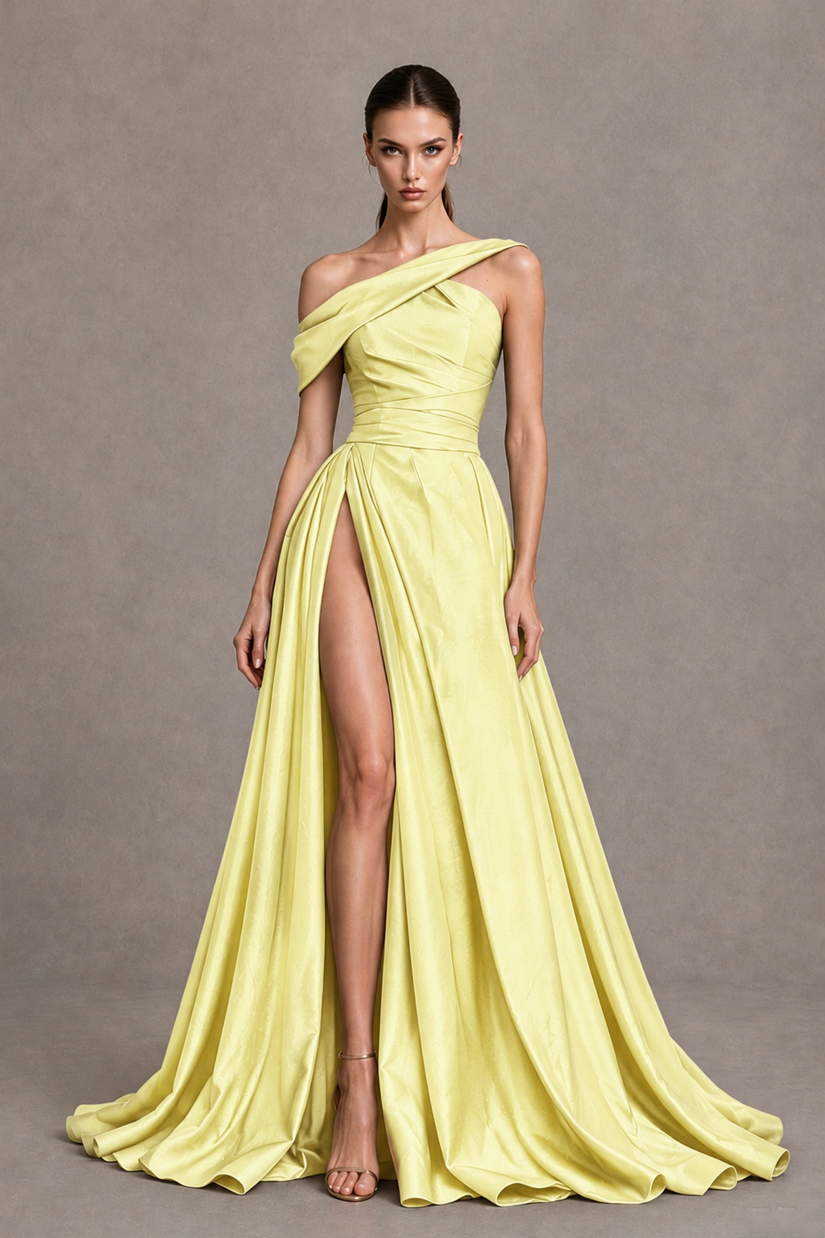 BOLODOO Yellow Asymmetric Satin-Look A-Line Prom Dress with High Slit - Yellow - Yellow_4