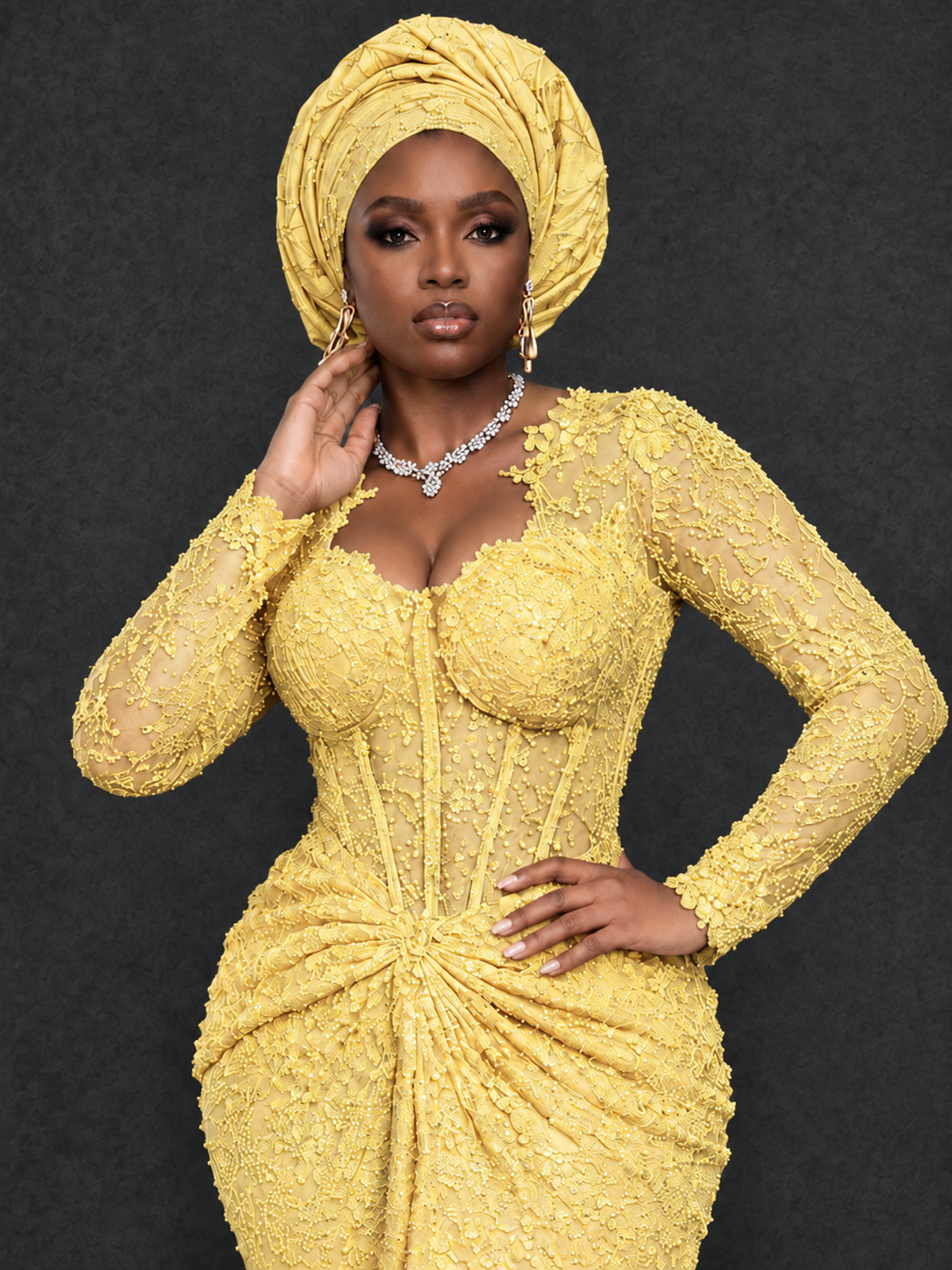 BOLODOO Yellow Beaded Lace Long Sleeve Mermaid Gown Sweetheart | Mother of the Bride - Yellow - Yellow_4