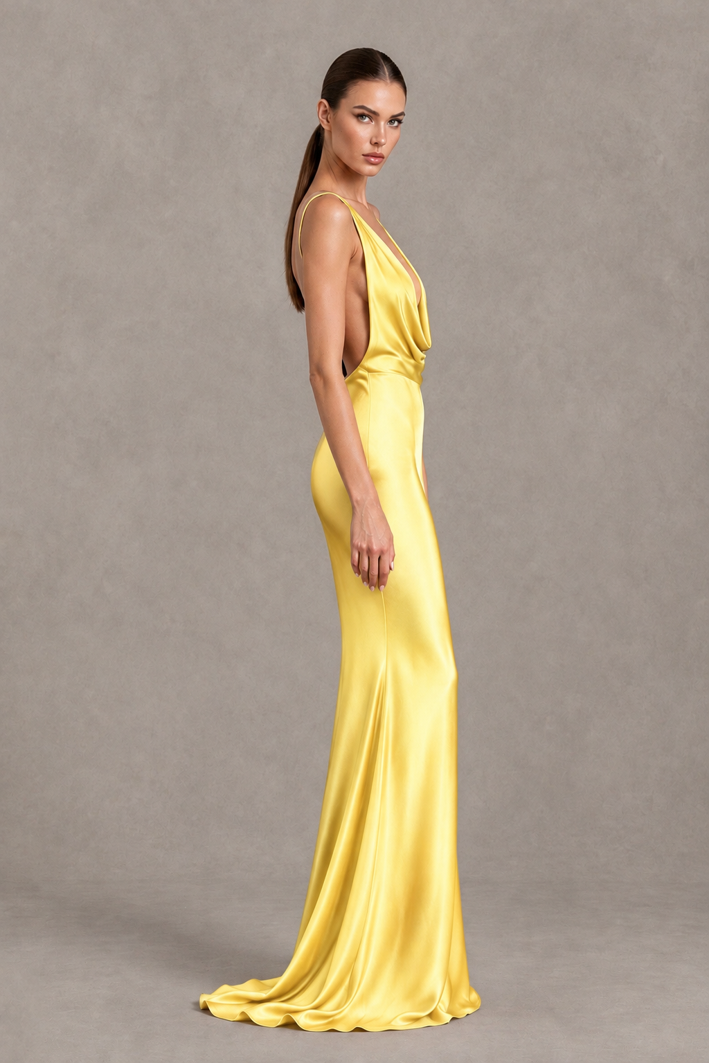 BOLODOO Yellow Cowl Neck Backless Satin Mermaid Evening Dress - Yellow - Yellow_4