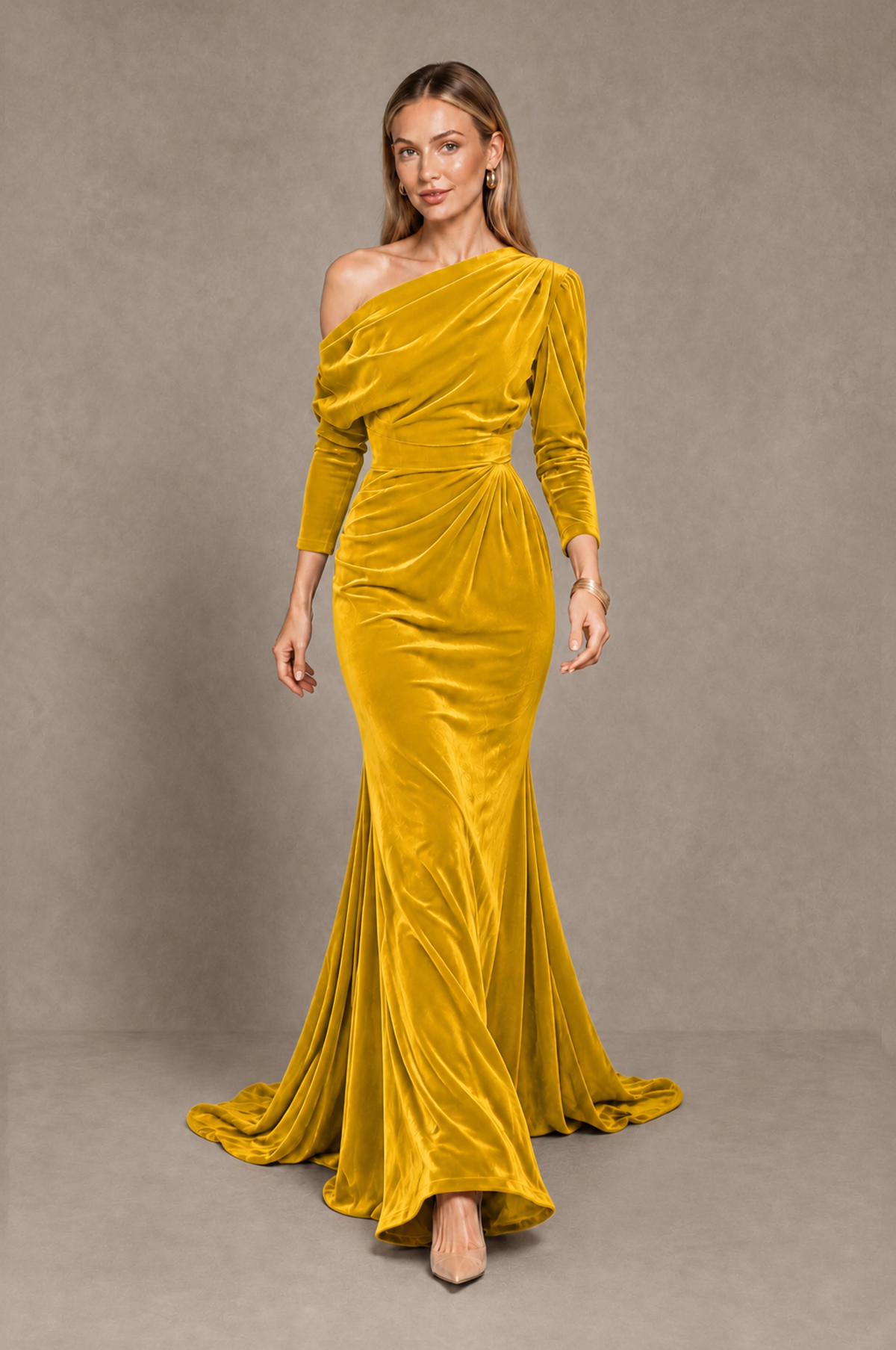 BOLODOO Yellow Velvet Asymmetric Neck Mermaid Evening Dress - Yellow - Yellow_5