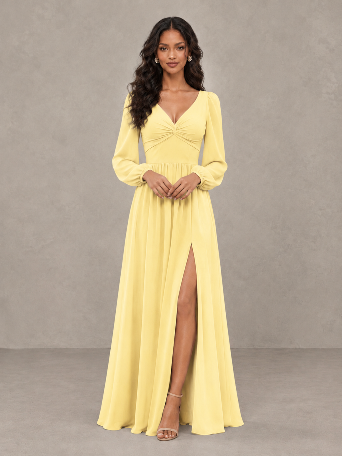 BOLODOO Yellow V-Neck Long Sleeve Bridesmaid Dress with Tie Back and Slit - Yellow - Yellow_5