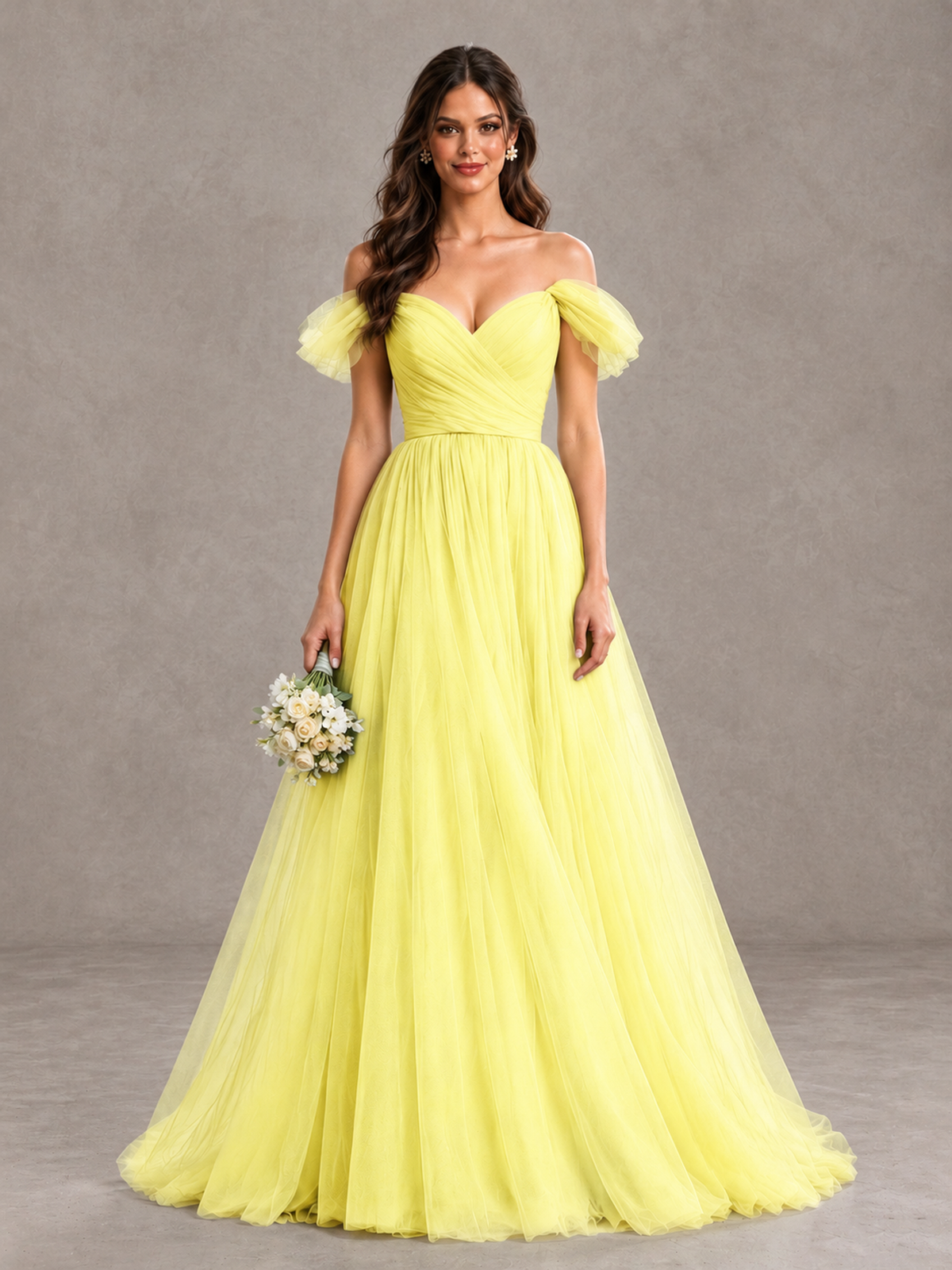 BOLODOO Yellow Off-the-Shoulder Ruffle Sleeve A-Line Bridesmaid Dress - Yellow - Yellow (1)