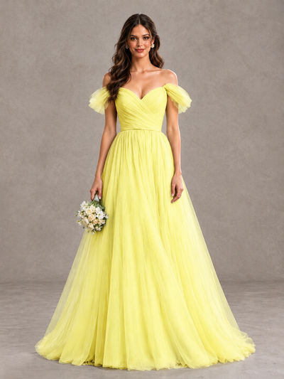 BOLODOO Yellow Off-the-Shoulder Ruffle Sleeve A-Line Bridesmaid Dress - Yellow - Yellow (1)